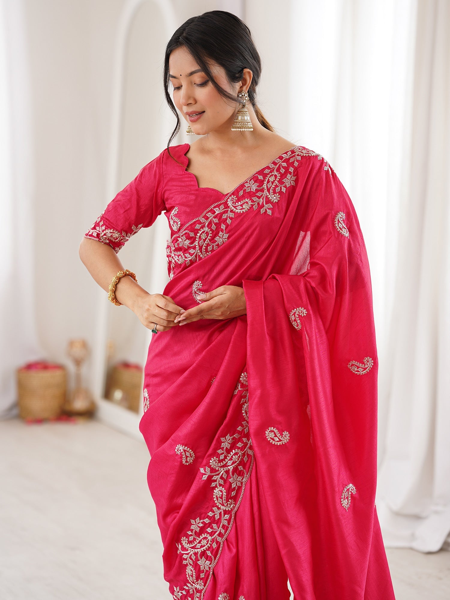 Hot Pink Georgette Saree with Scalloped Embroidery - Ressa