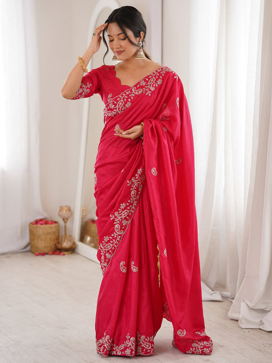 Hot Pink Georgette Saree with Scalloped Embroidery - Ressa