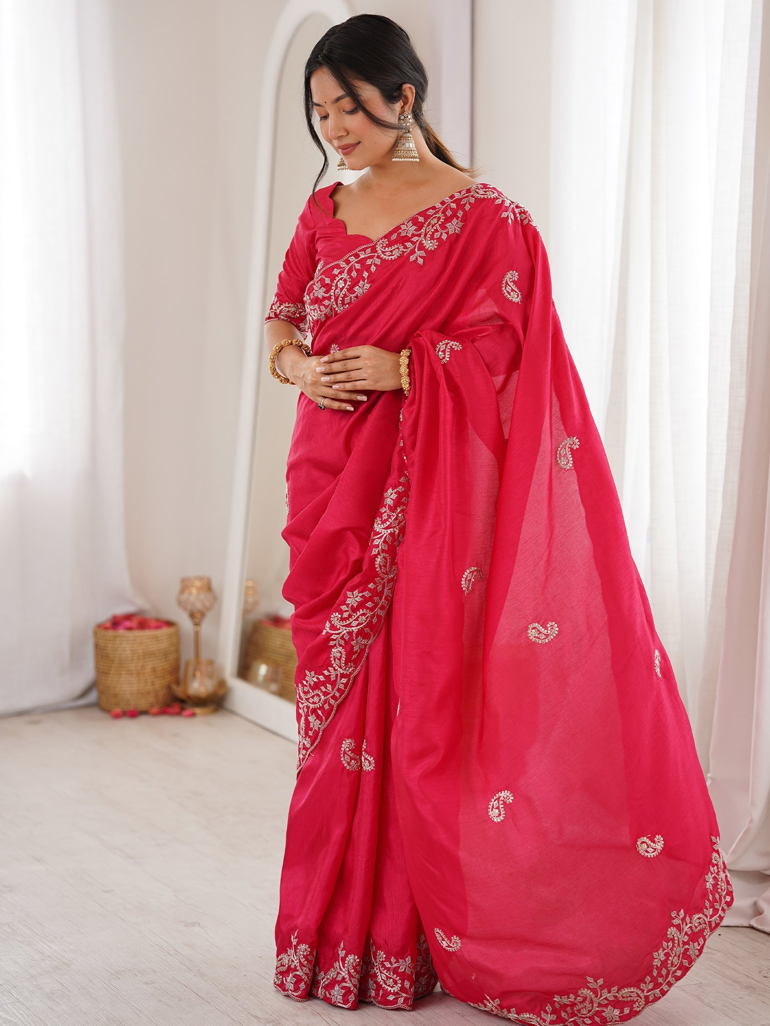 Hot Pink Georgette Saree with Scalloped Embroidery - Ressa