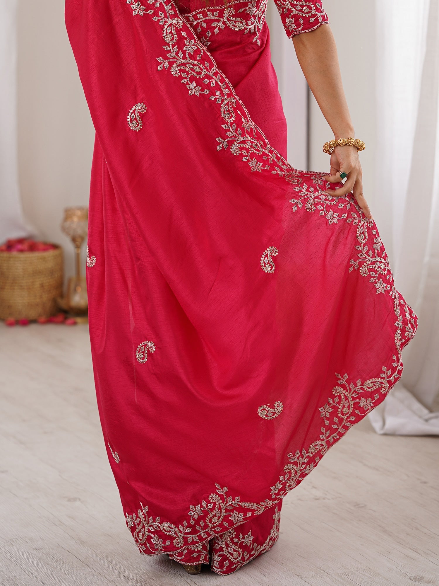 Hot Pink Georgette Saree with Scalloped Embroidery - Ressa