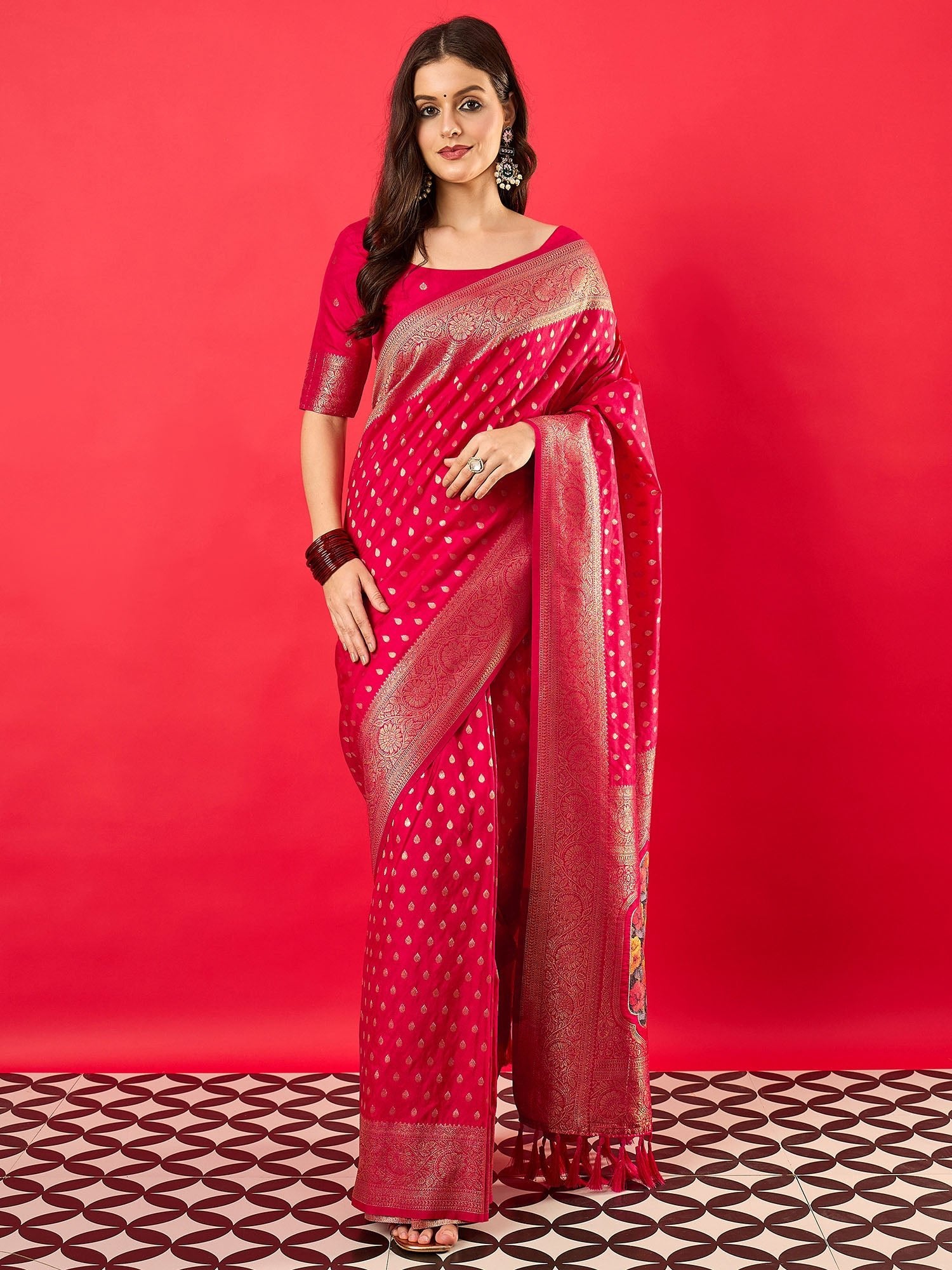 Hot Pink Silk Banarasi Style Zari Woven Saree - Ressa