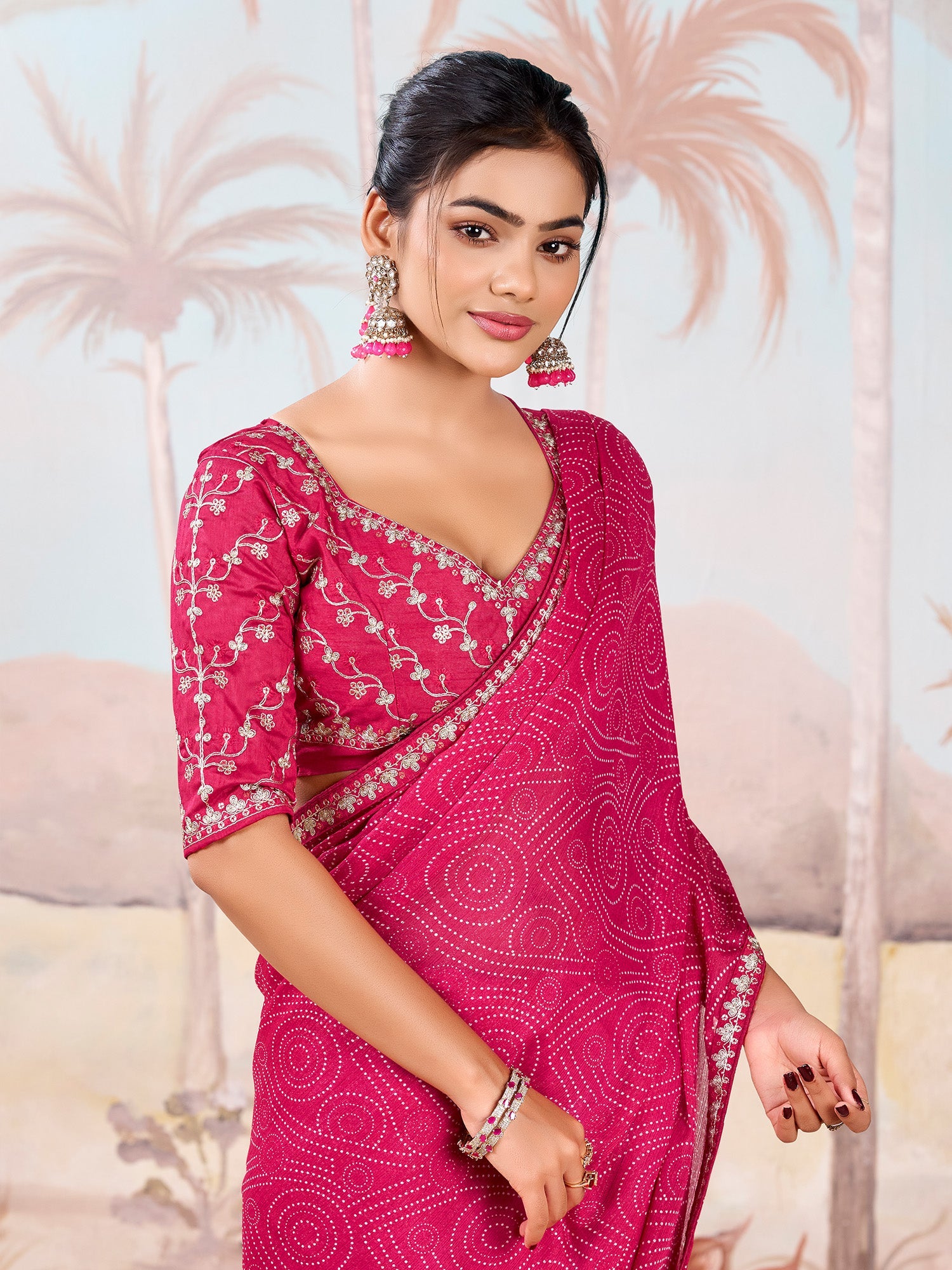 Hot Pink Silk Blend Bandhani Print Saree - Ressa