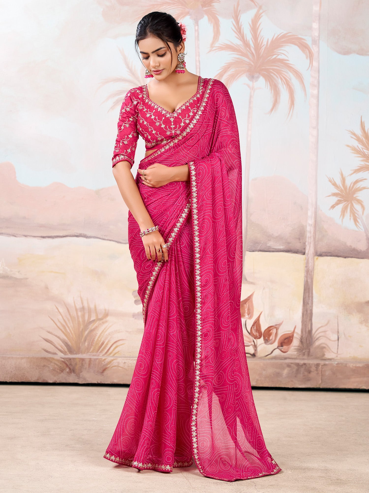 Hot Pink Silk Blend Bandhani Print Saree - Ressa