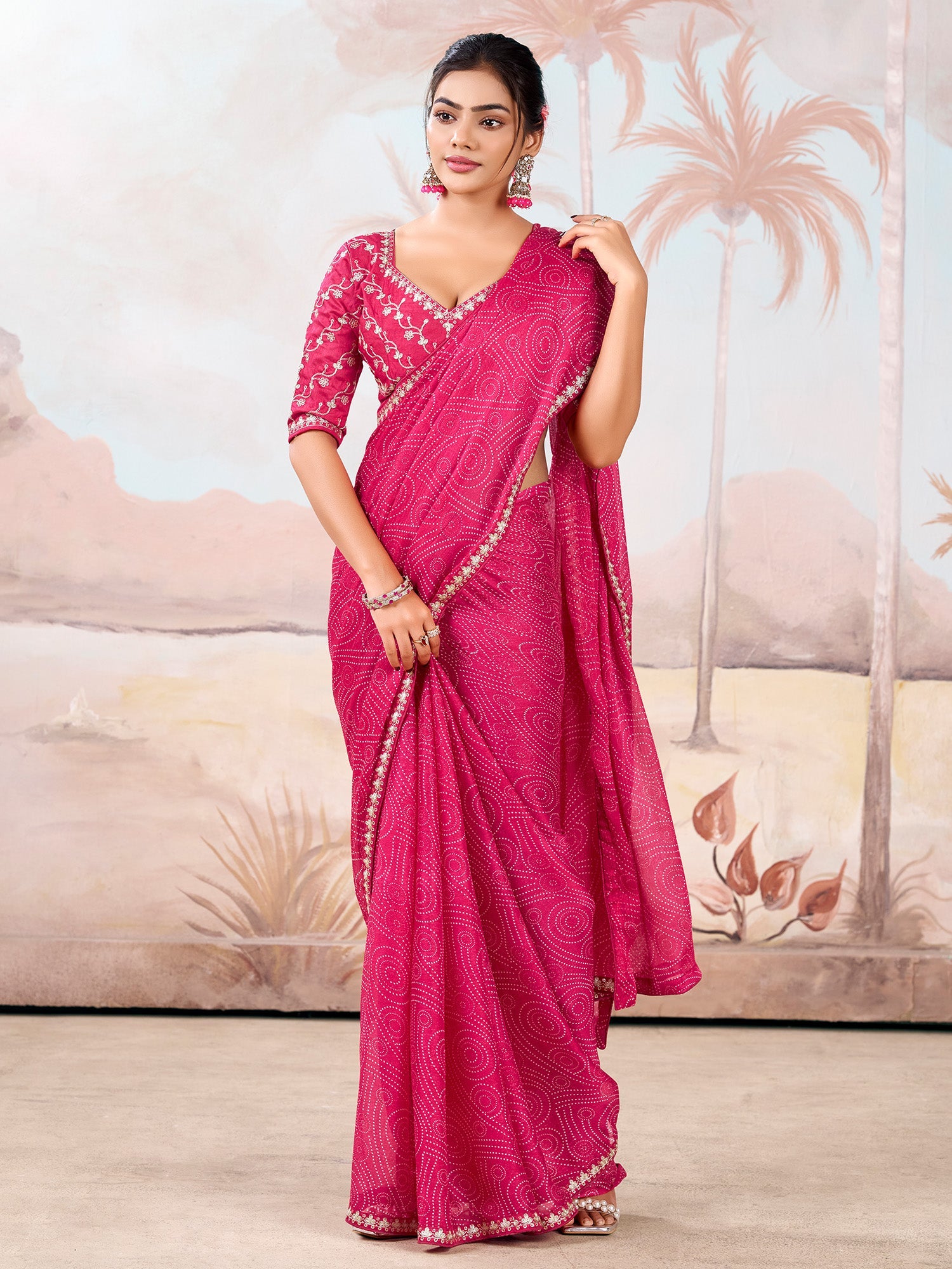 Hot Pink Silk Blend Bandhani Print Saree - Ressa