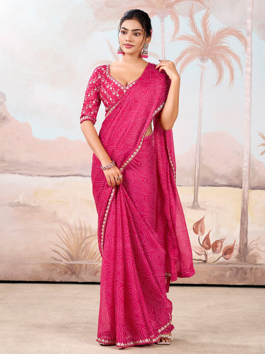 Hot Pink Silk Blend Bandhani Print Saree - Ressa