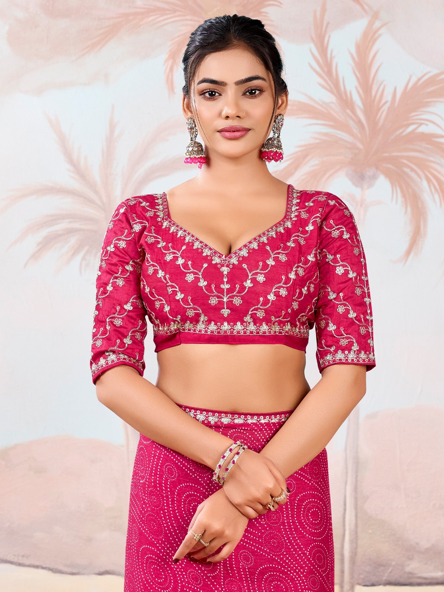 Hot Pink Silk Blend Bandhani Print Saree - Ressa