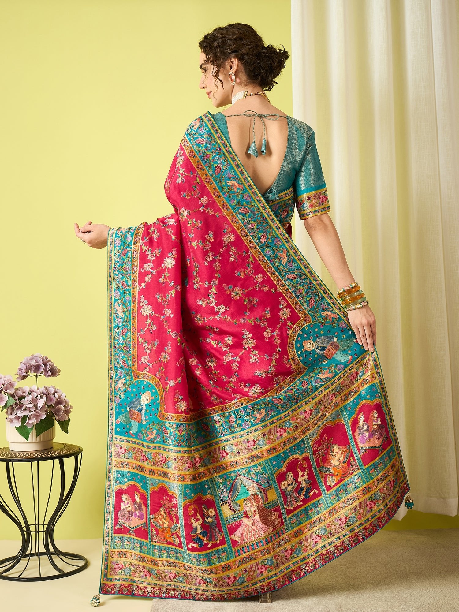 Hot Pink & Teal Silk Blend Heritage Floral Print Zari Woven Border saree - Ressa