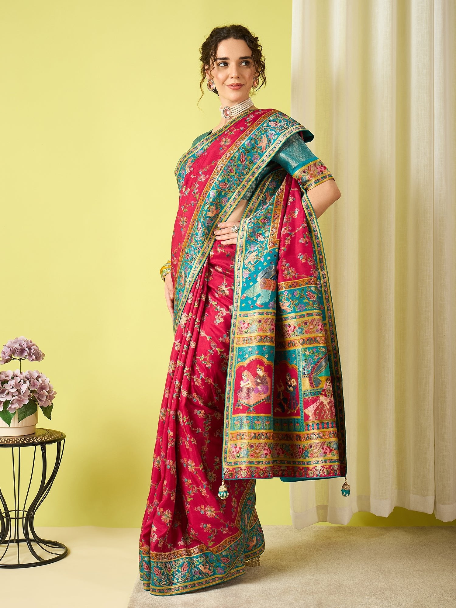 Hot Pink & Teal Silk Blend Heritage Floral Print Zari Woven Border saree - Ressa