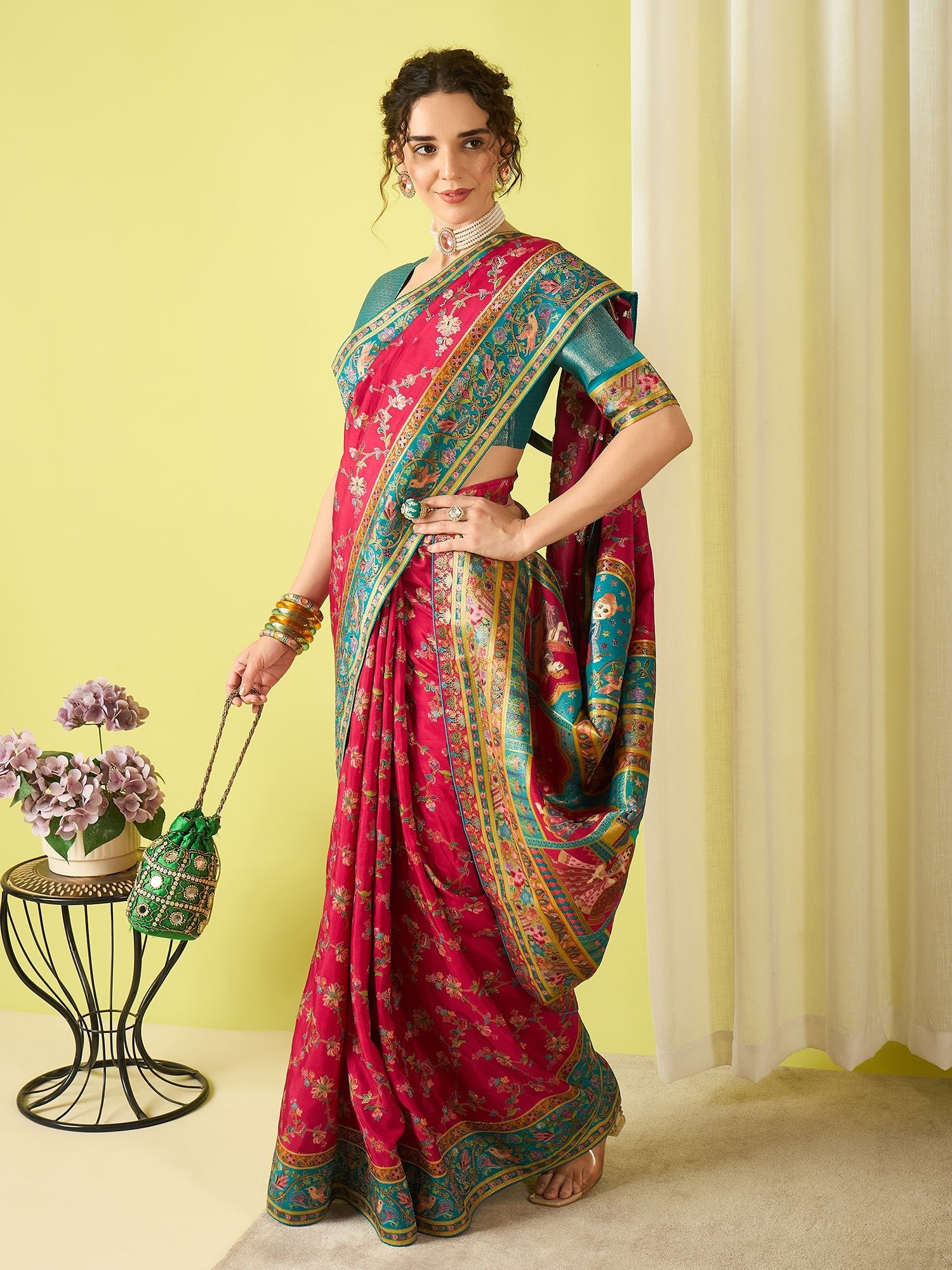 Hot Pink & Teal Silk Blend Heritage Floral Print Zari Woven Border saree - Ressa