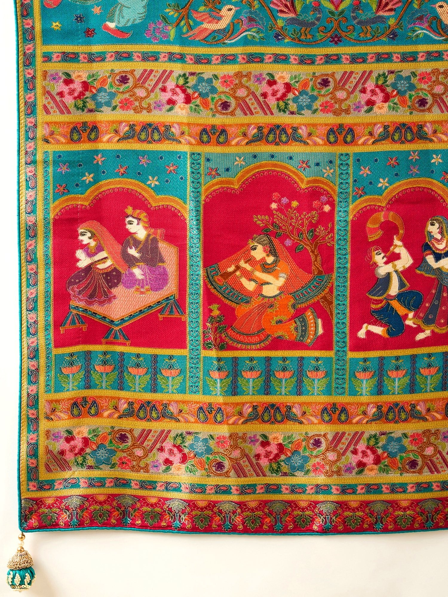 Hot Pink & Teal Silk Blend Heritage Floral Print Zari Woven Border saree - Ressa