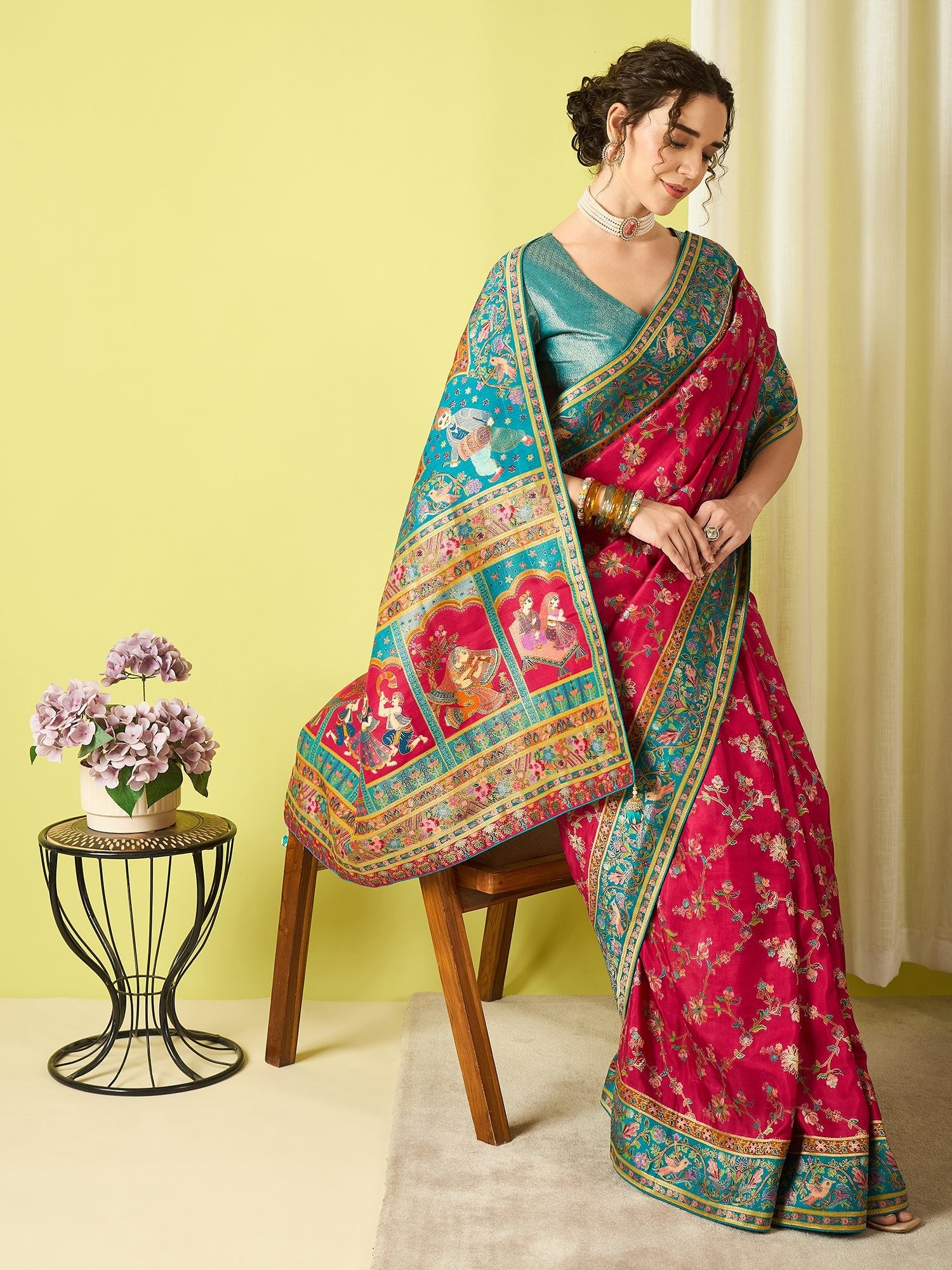 Hot Pink & Teal Silk Blend Heritage Floral Print Zari Woven Border saree - Ressa
