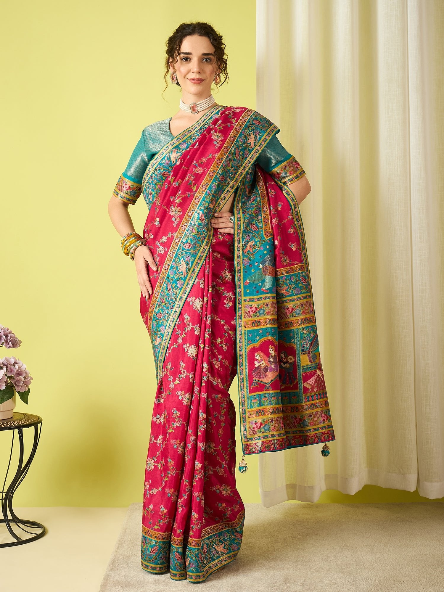 Hot Pink & Teal Silk Blend Heritage Floral Print Zari Woven Border saree - Ressa