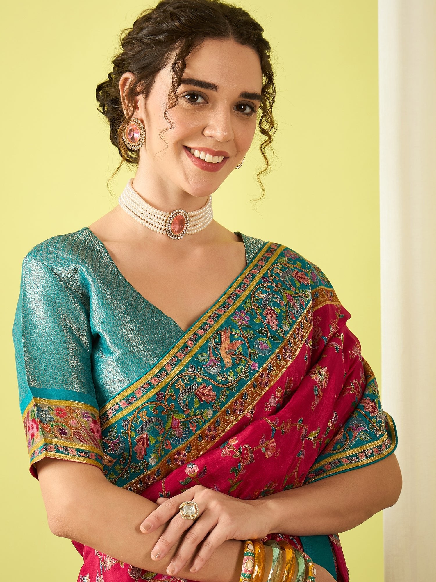 Hot Pink & Teal Silk Blend Heritage Floral Print Zari Woven Border saree - Ressa