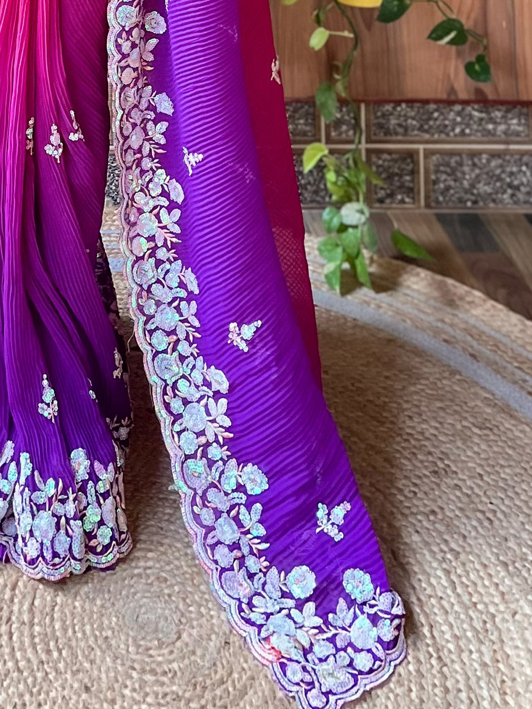 Hot Pink to Deep Royal Purple Ombré Gradient Georgette Saree - Ressa