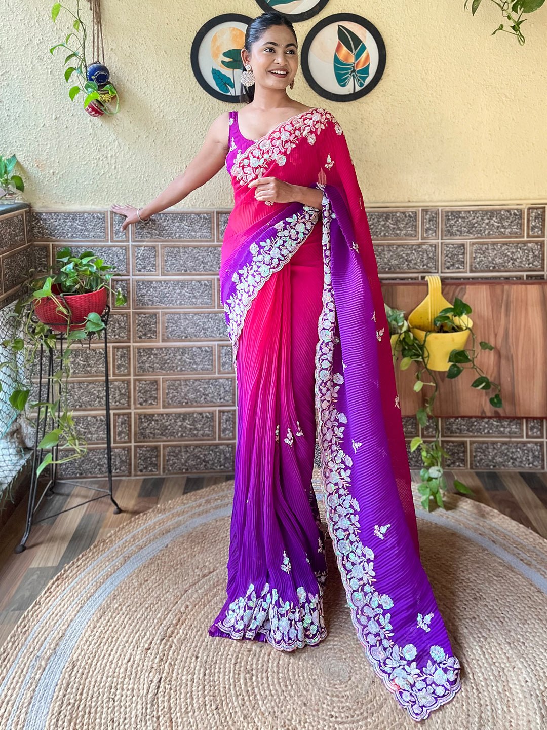 Hot Pink to Deep Royal Purple Ombré Gradient Georgette Saree - Ressa