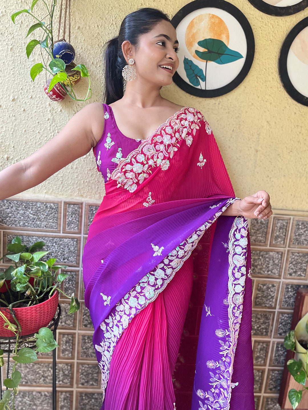 Hot Pink to Deep Royal Purple Ombré Gradient Georgette Saree - Ressa