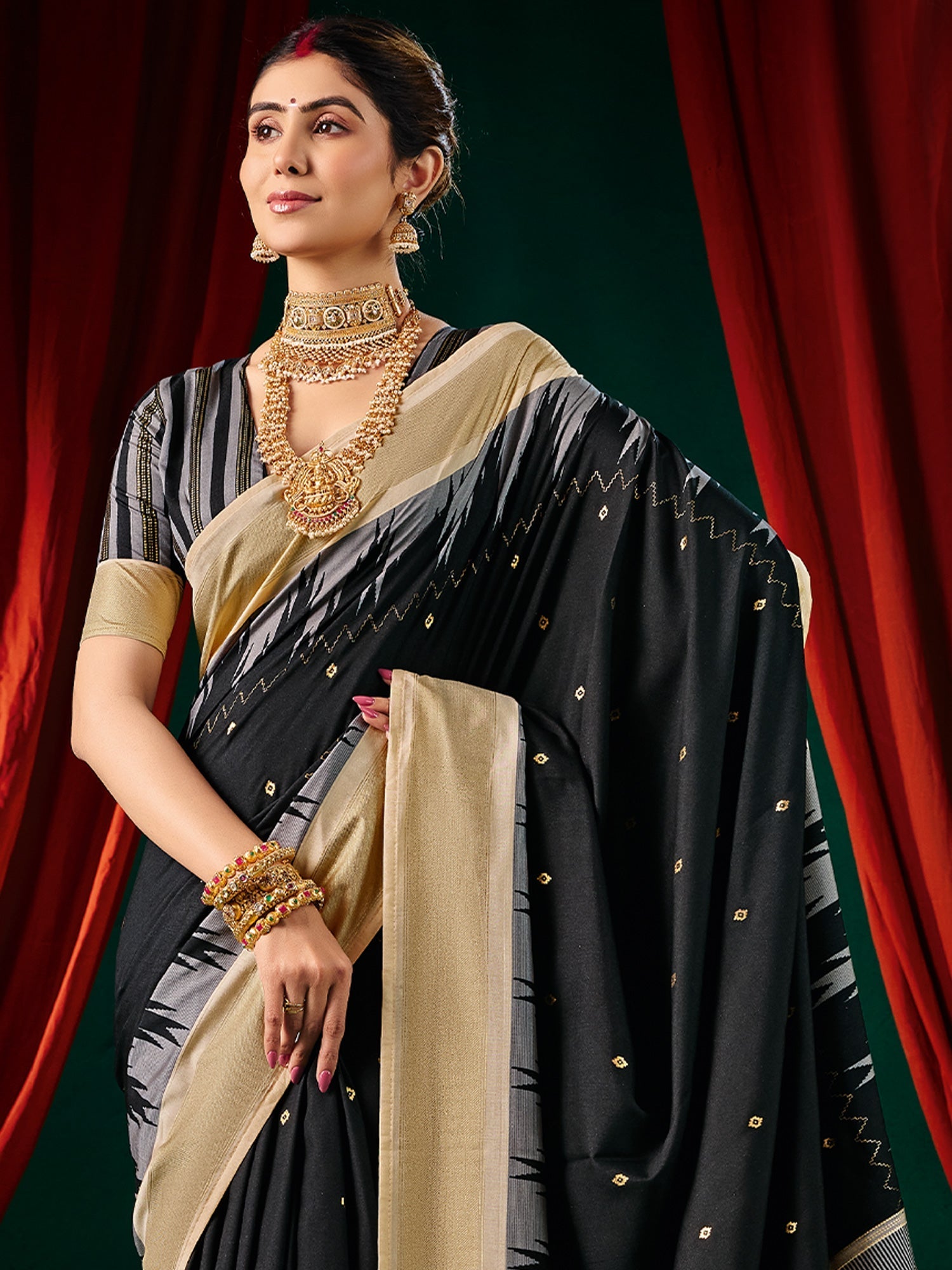 Ikkat Silk Saree in Black with Beige Border - Ressa