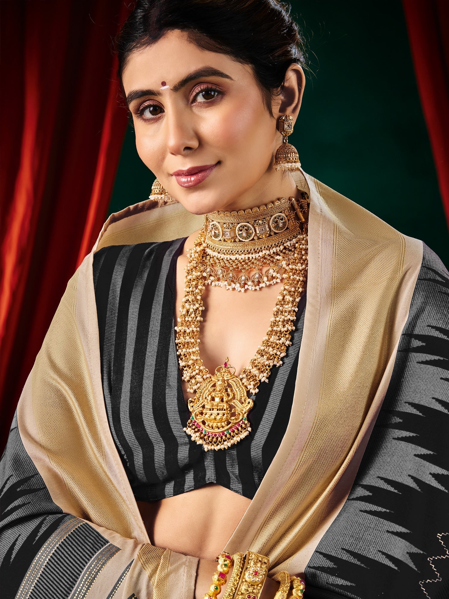 Ikkat Silk Saree in Black with Beige Border - Ressa