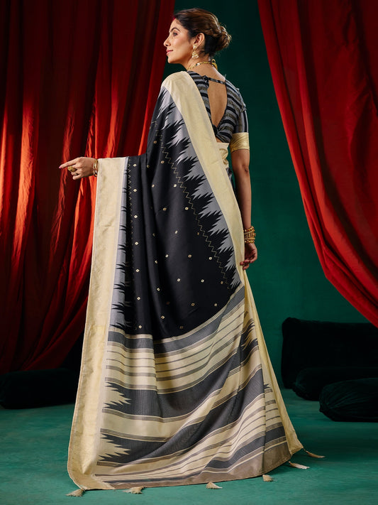Ikkat Silk Saree in Black with Beige Border - Ressa