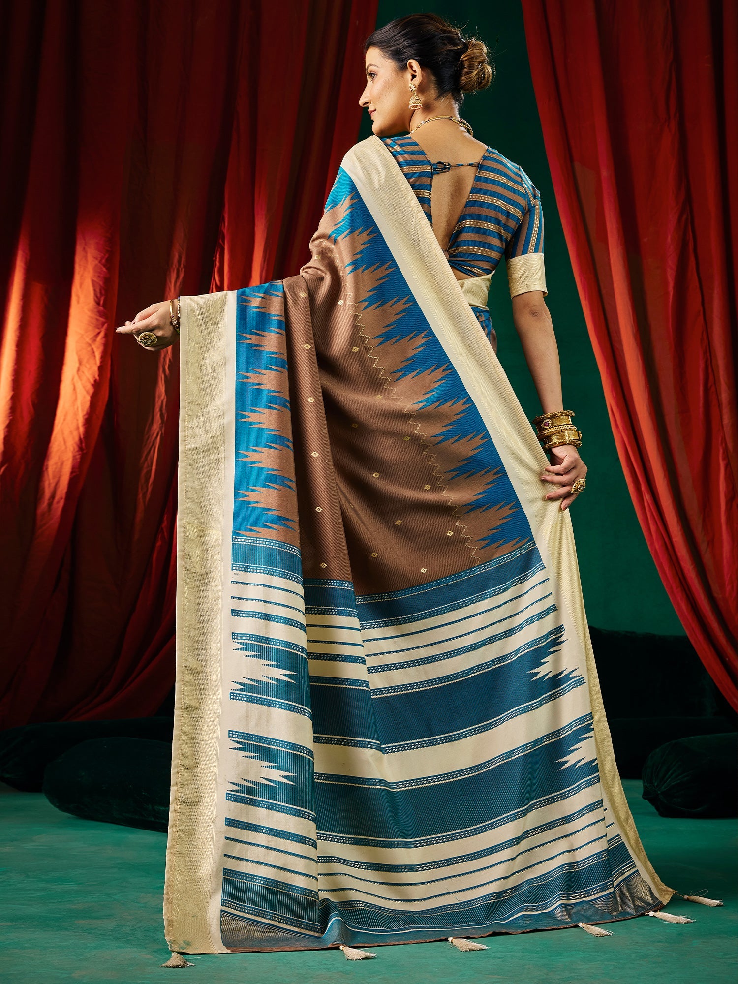 Ikkat Tussar Silk Saree in Brown & Teal with Cream Pallu - Ressa
