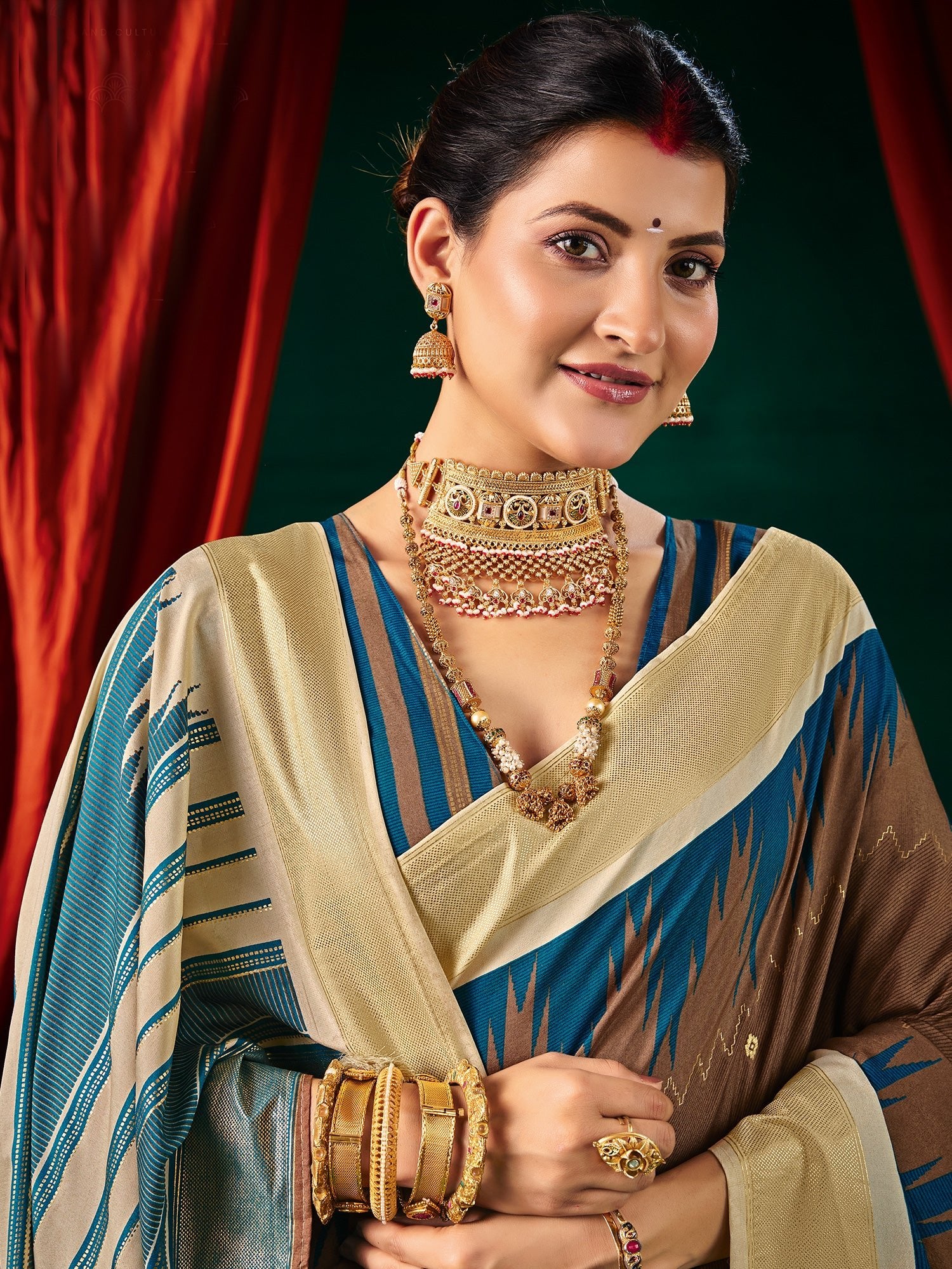 Ikkat Tussar Silk Saree in Brown & Teal with Cream Pallu - Ressa