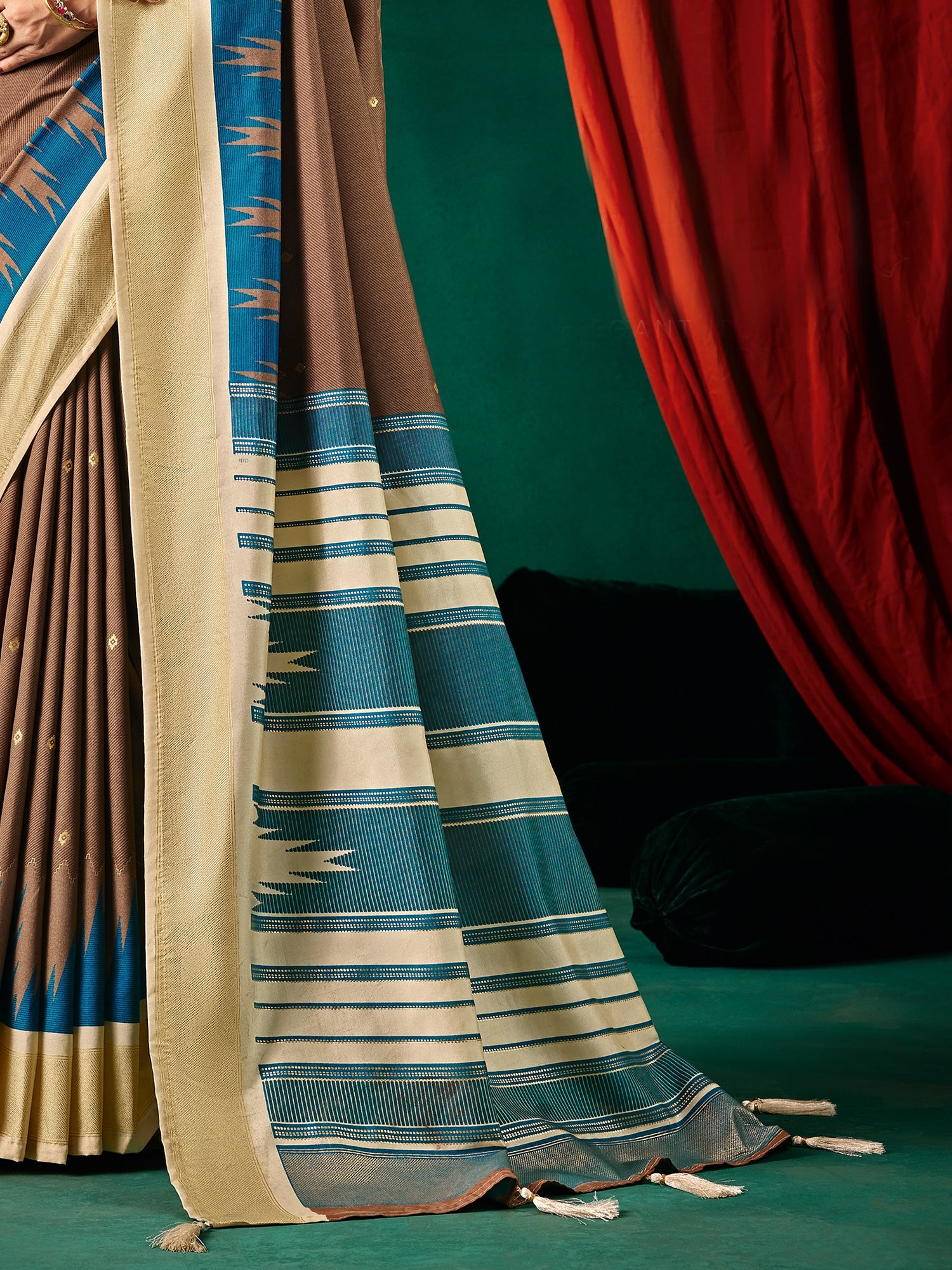 Ikkat Tussar Silk Saree in Brown & Teal with Cream Pallu - Ressa