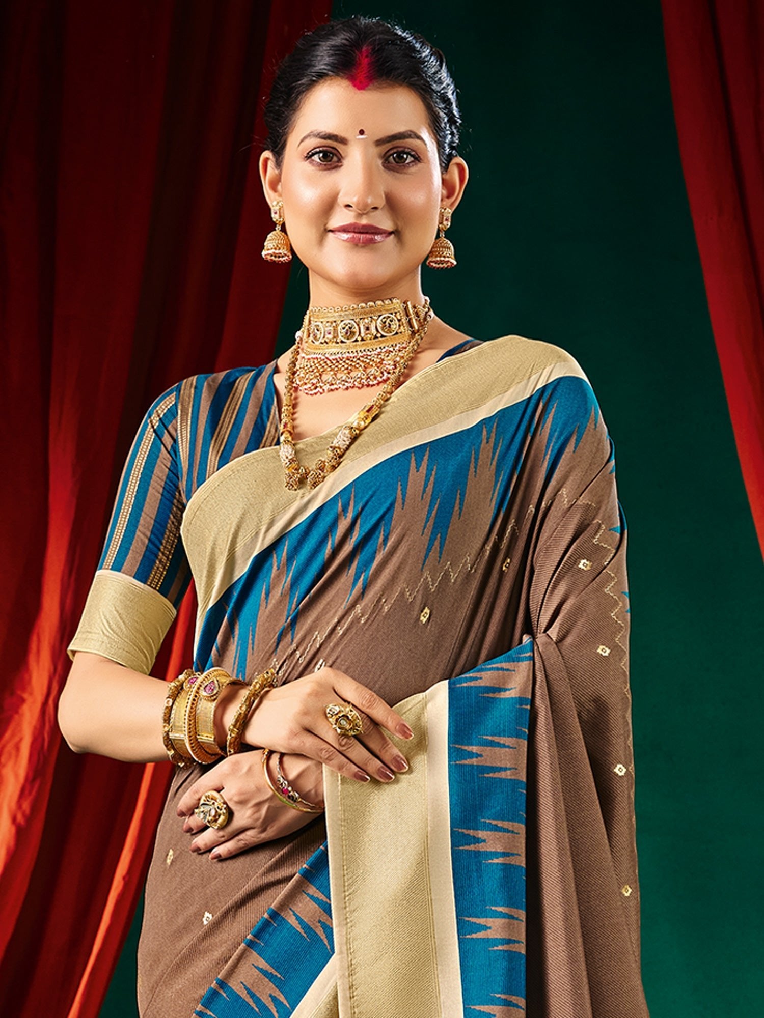 Ikkat Tussar Silk Saree in Brown & Teal with Cream Pallu - Ressa