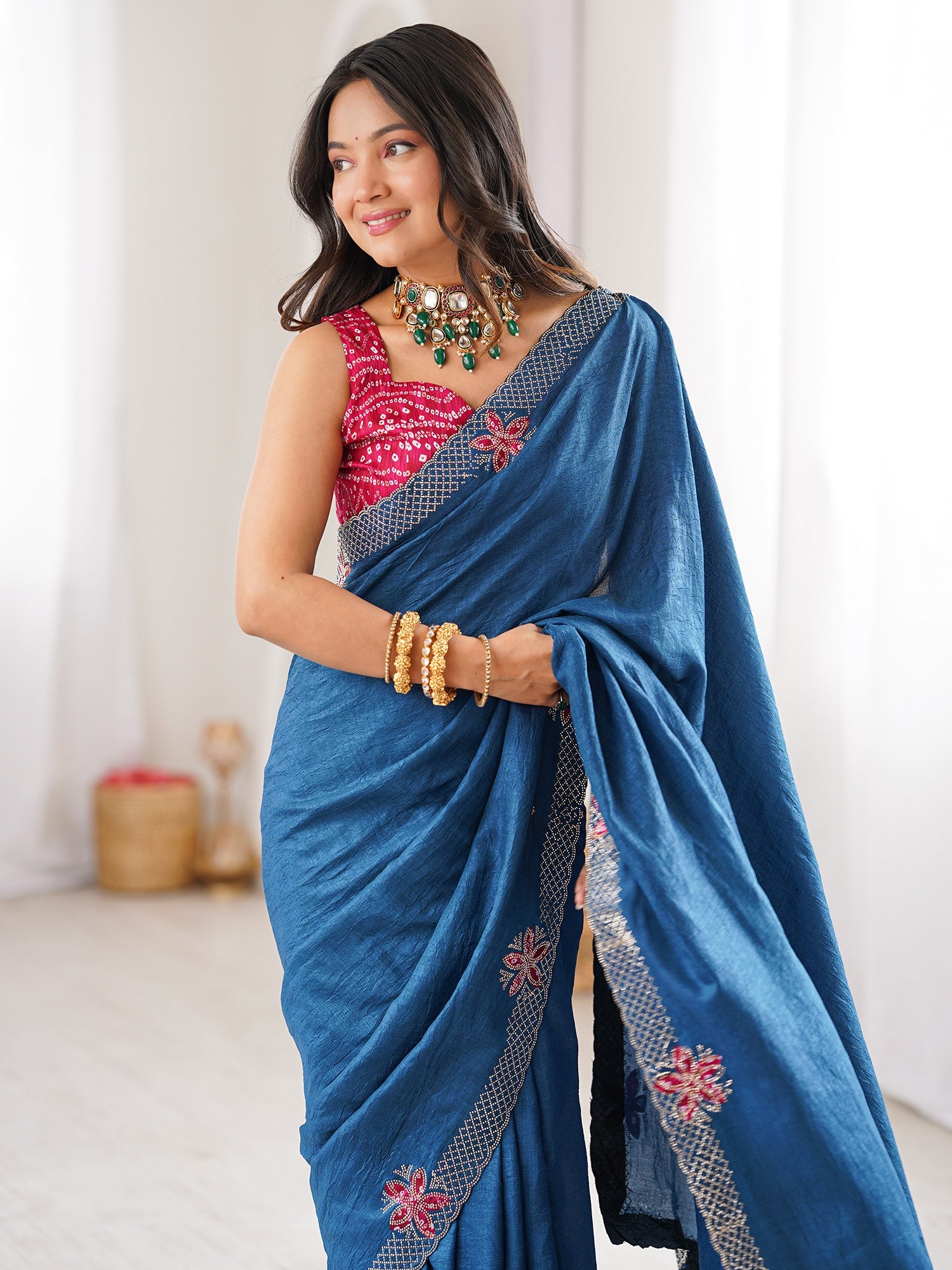 Indi Blue Dola Silk Saree with Embroidered Floral Border - Ressa
