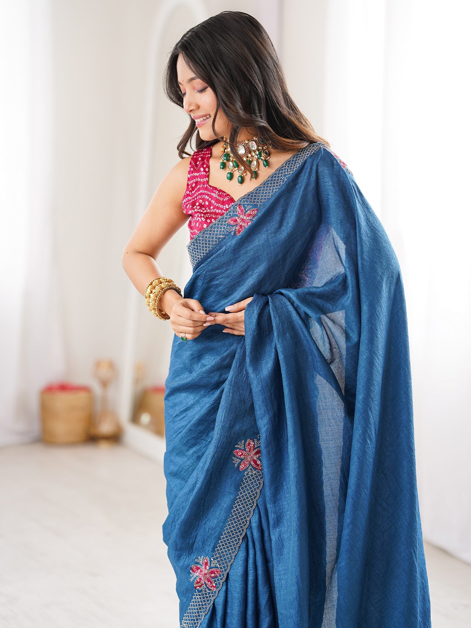 Indi Blue Dola Silk Saree with Embroidered Floral Border - Ressa