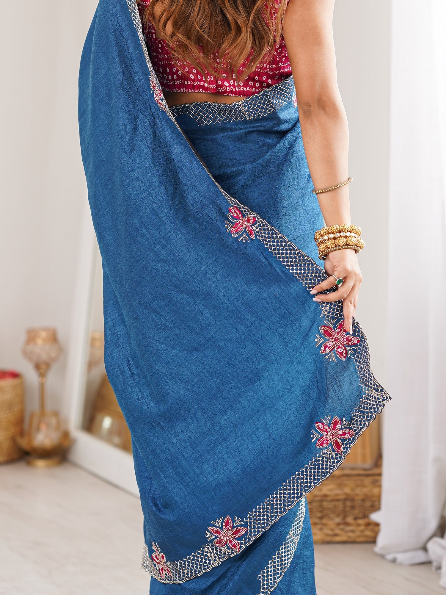 Indi Blue Dola Silk Saree with Embroidered Floral Border - Ressa