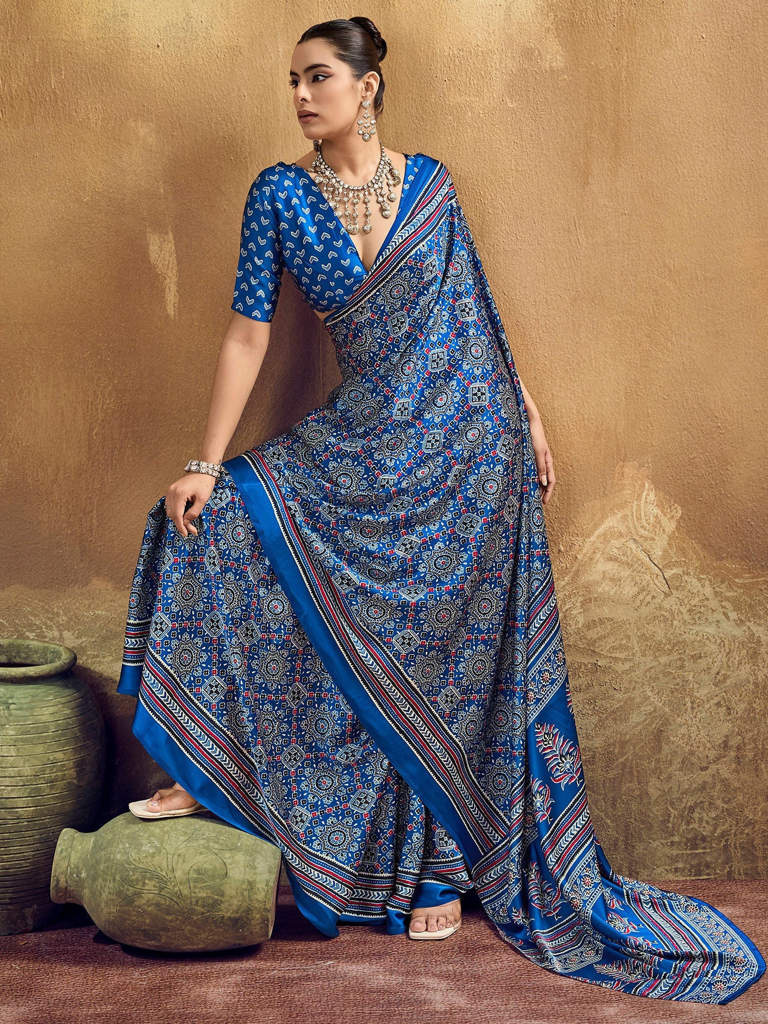 Indigo Blue Ajrakh Print Satin Silk Saree - Ressa