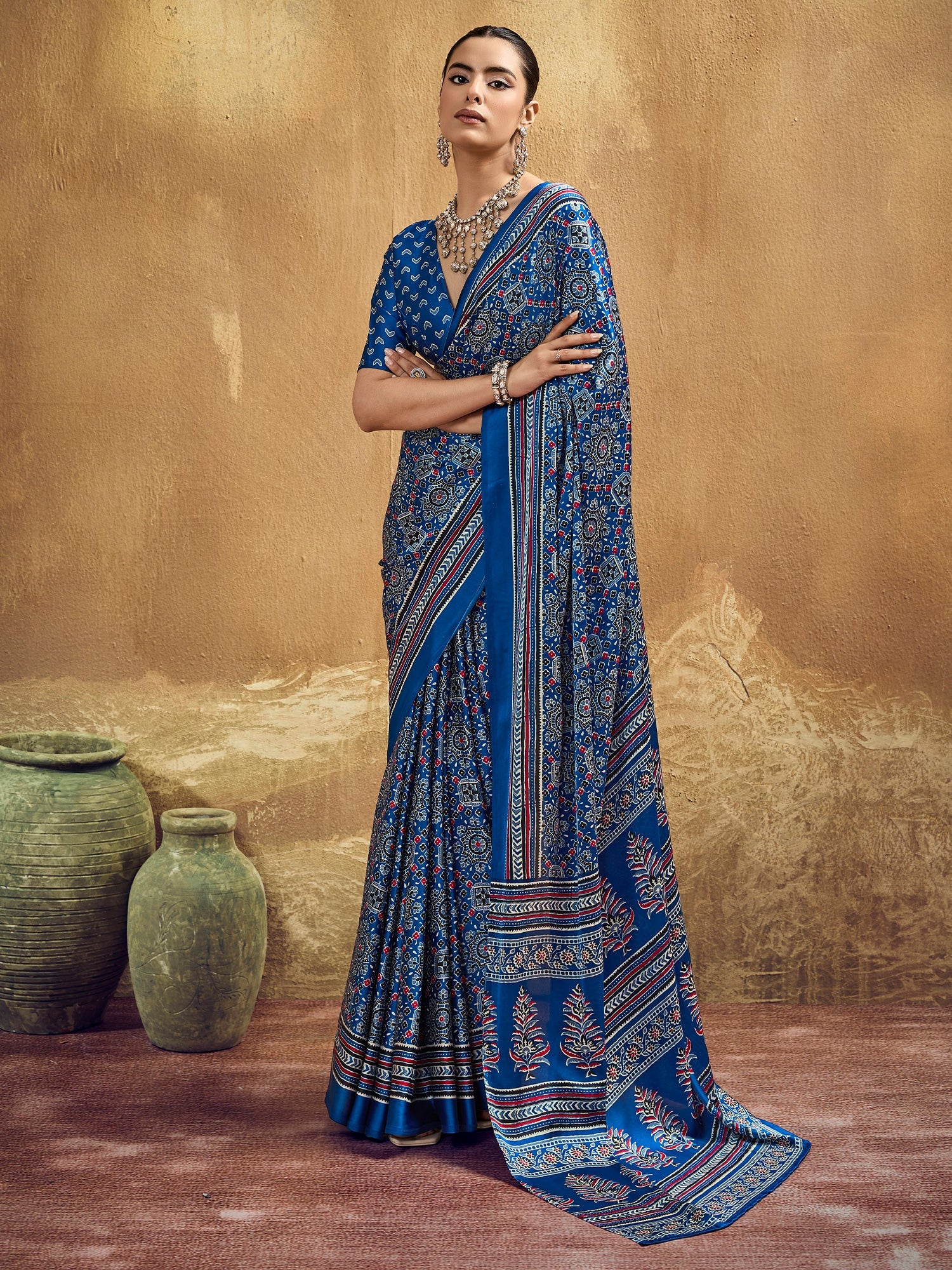Indigo Blue Ajrakh Print Satin Silk Saree - Ressa