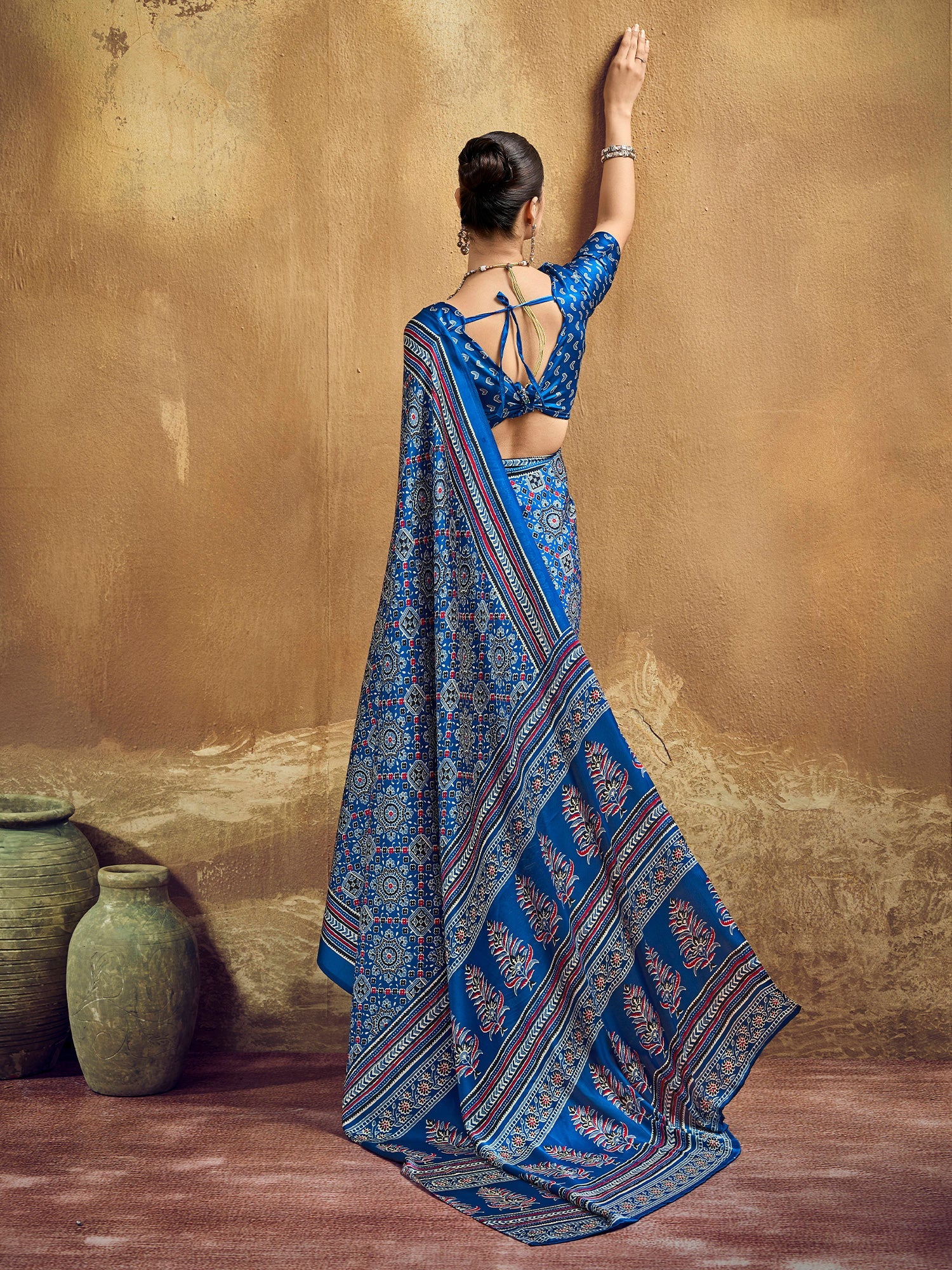 Indigo Blue Ajrakh Print Satin Silk Saree - Ressa