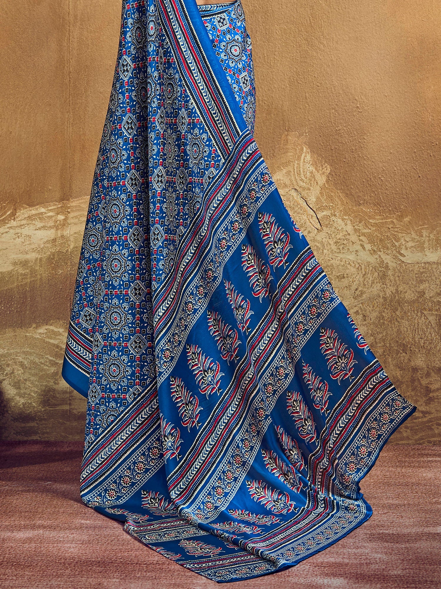 Indigo Blue Ajrakh Print Satin Silk Saree - Ressa