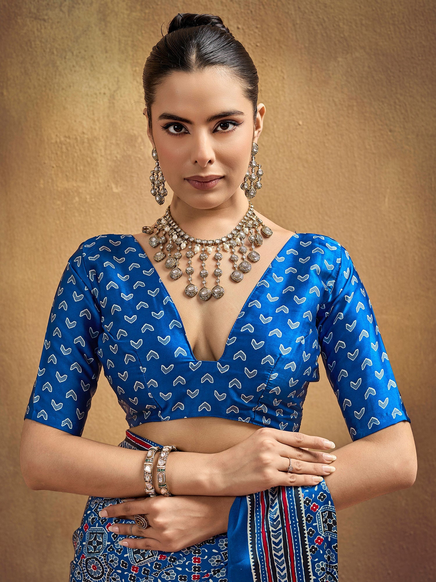 Indigo Blue Ajrakh Print Satin Silk Saree - Ressa