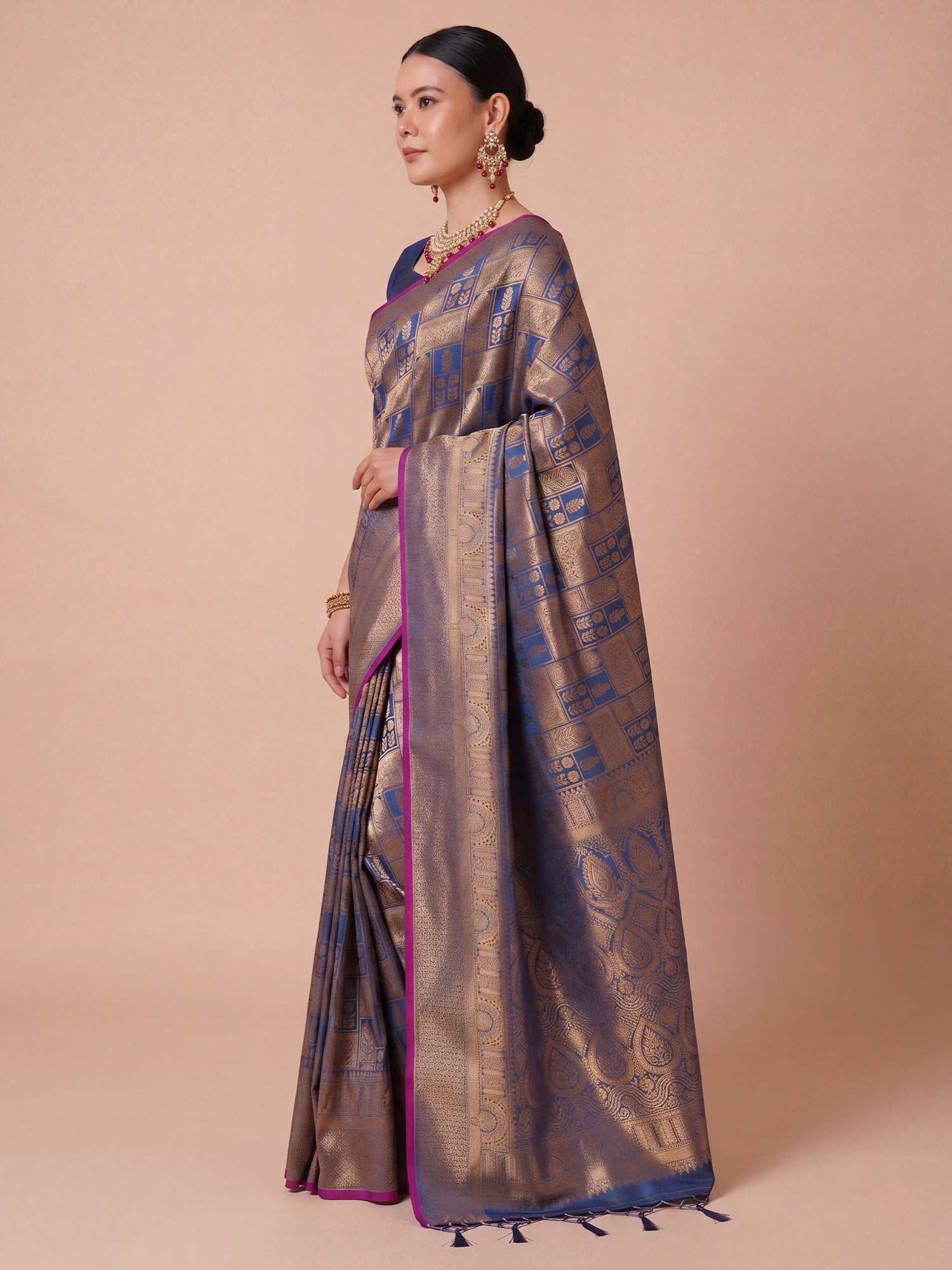 Ink Blue Gold Kanjivaram Silk Saree - Ressa