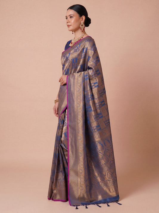 Ink Blue Gold Kanjivaram Silk Saree - Ressa