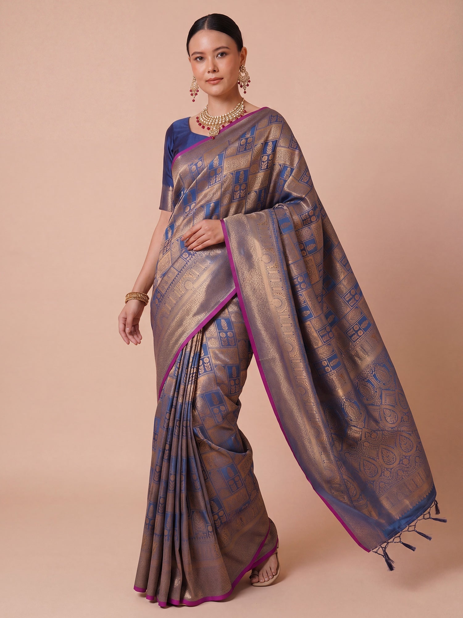 Ink Blue Gold Kanjivaram Silk Saree - Ressa