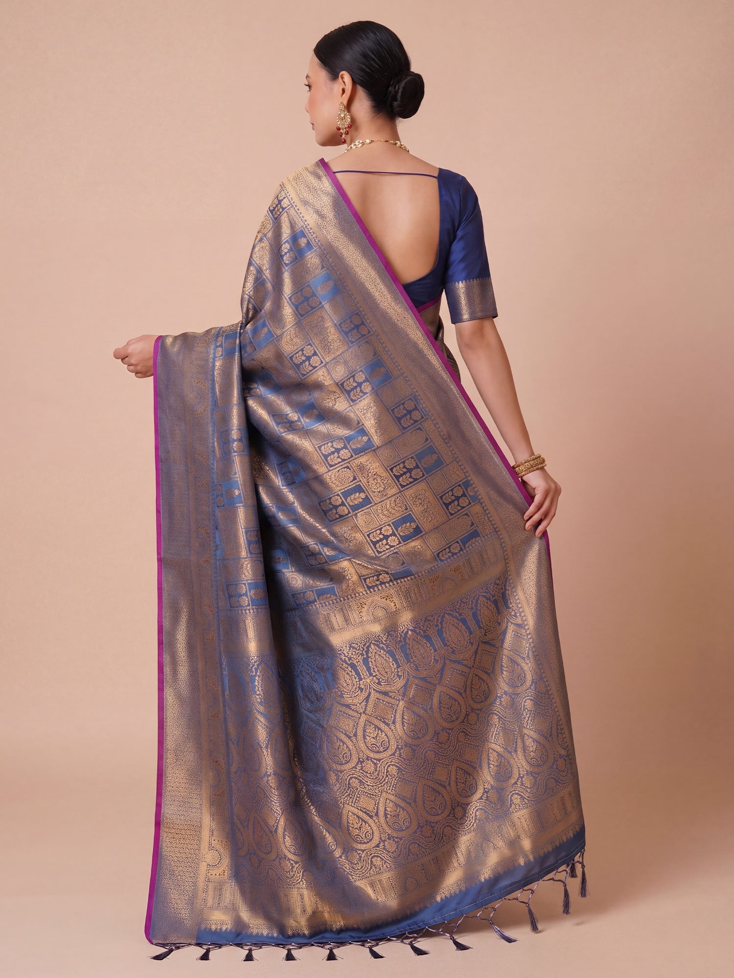 Ink Blue Gold Kanjivaram Silk Saree - Ressa