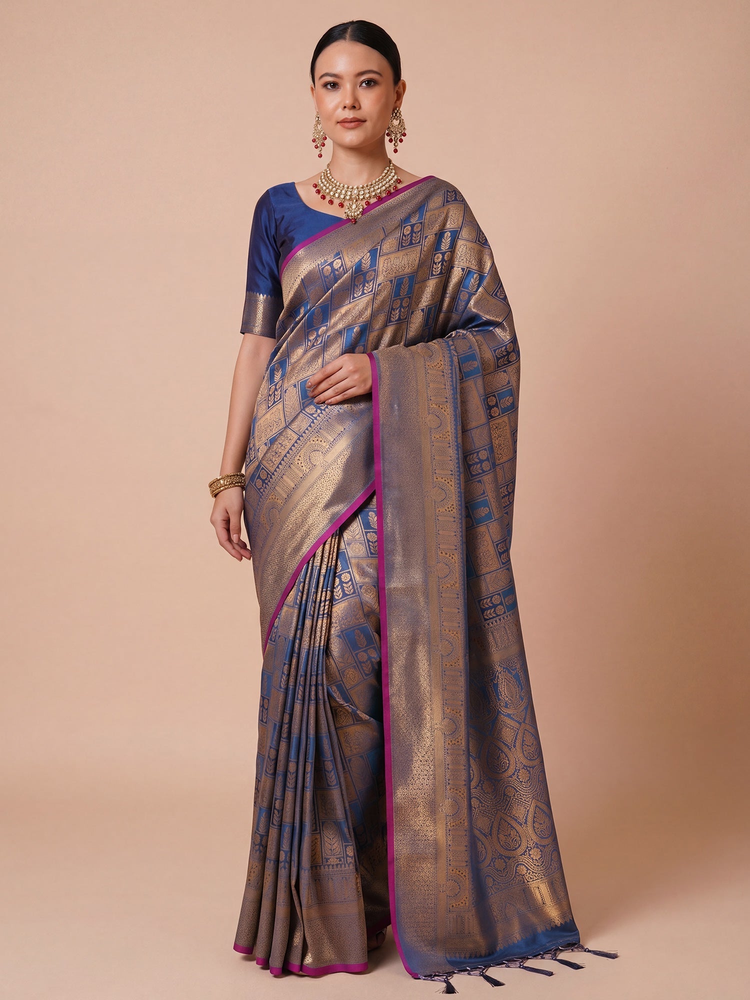 Ink Blue Gold Kanjivaram Silk Saree - Ressa