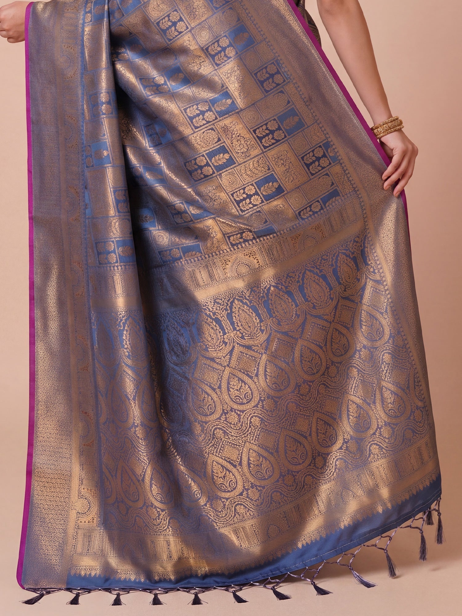 Ink Blue Gold Kanjivaram Silk Saree - Ressa