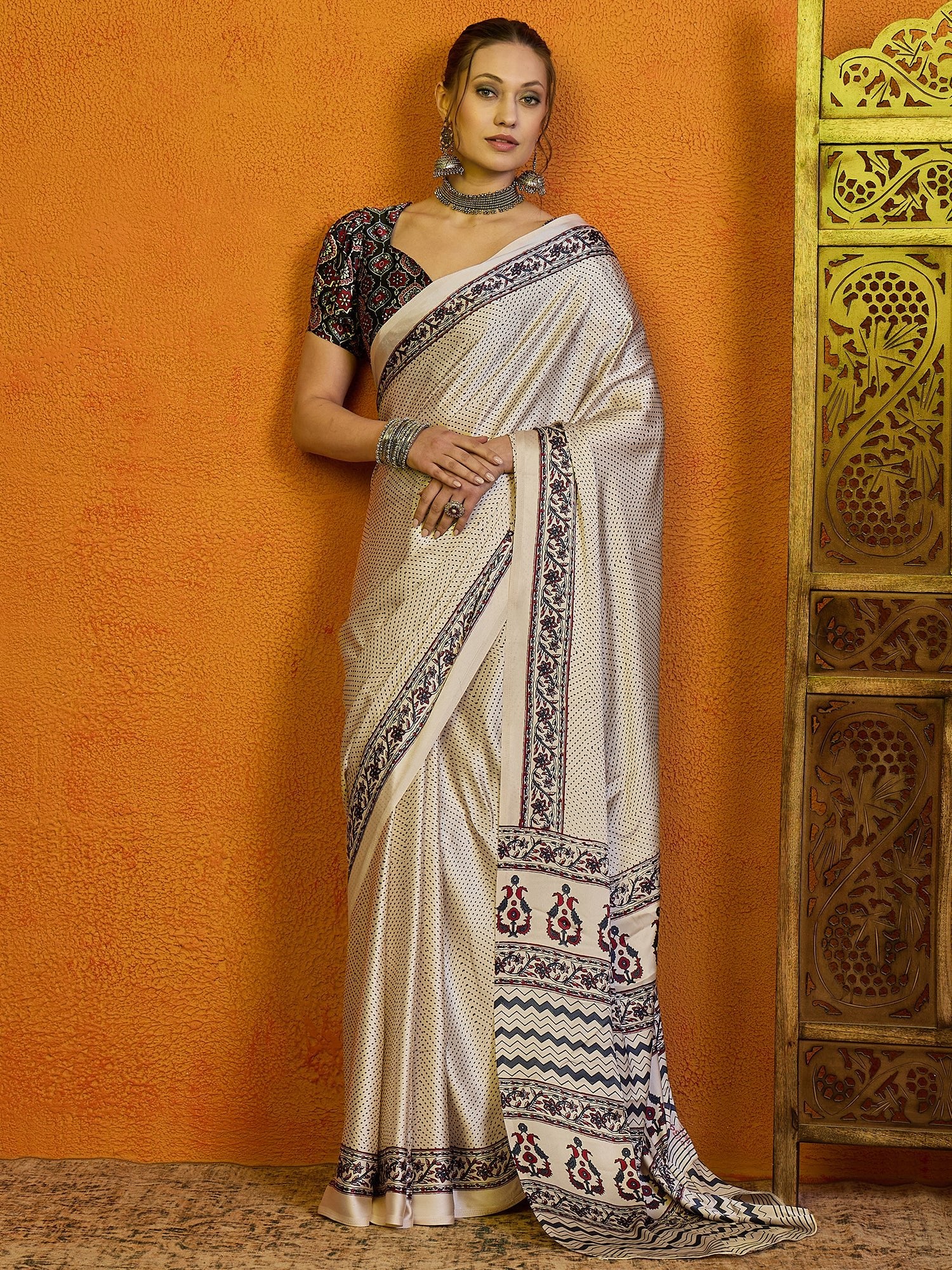 Ivory Ajrakh Print Satin Saree - Ressa
