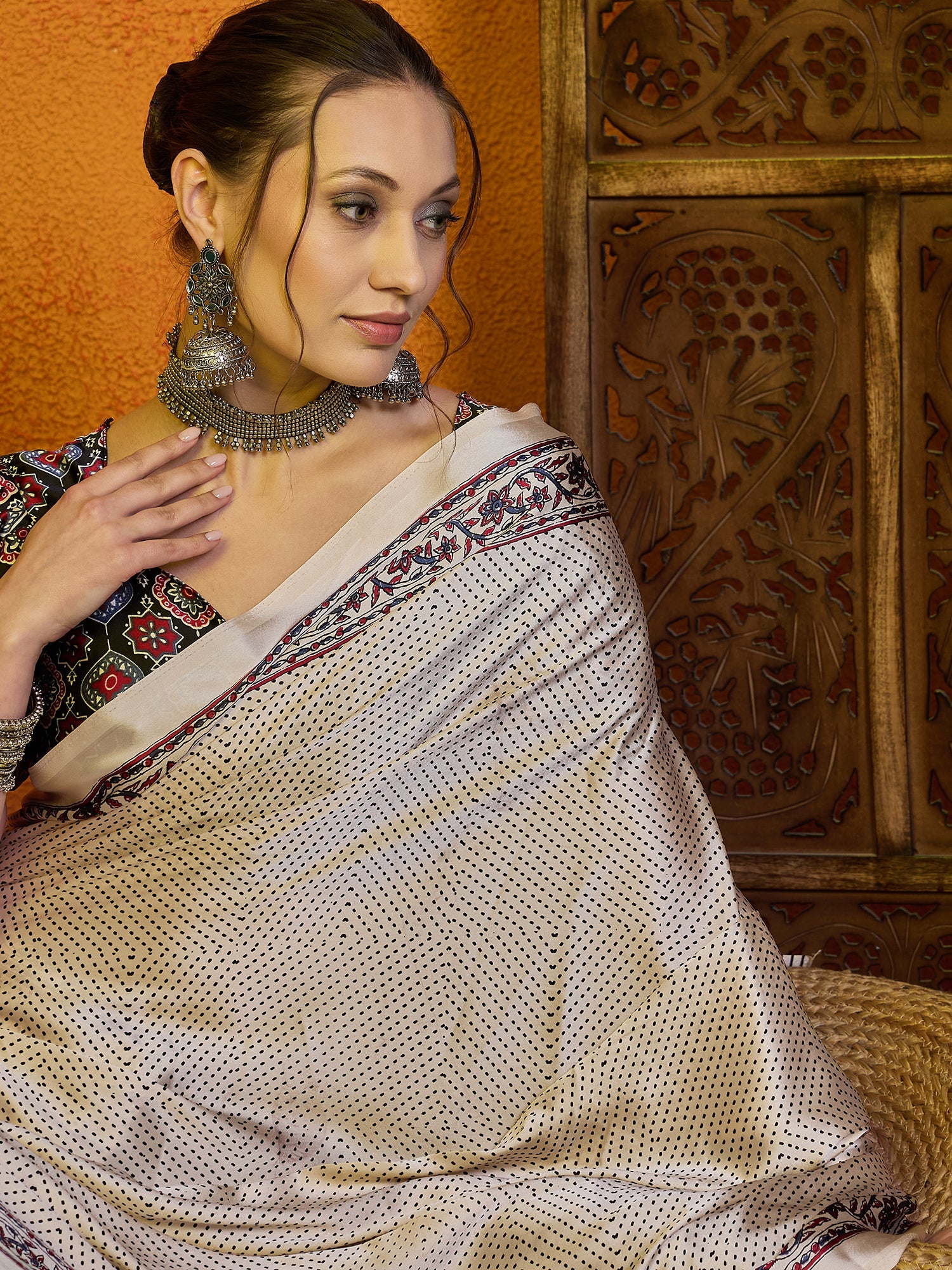 Ivory Ajrakh Print Satin Saree - Ressa