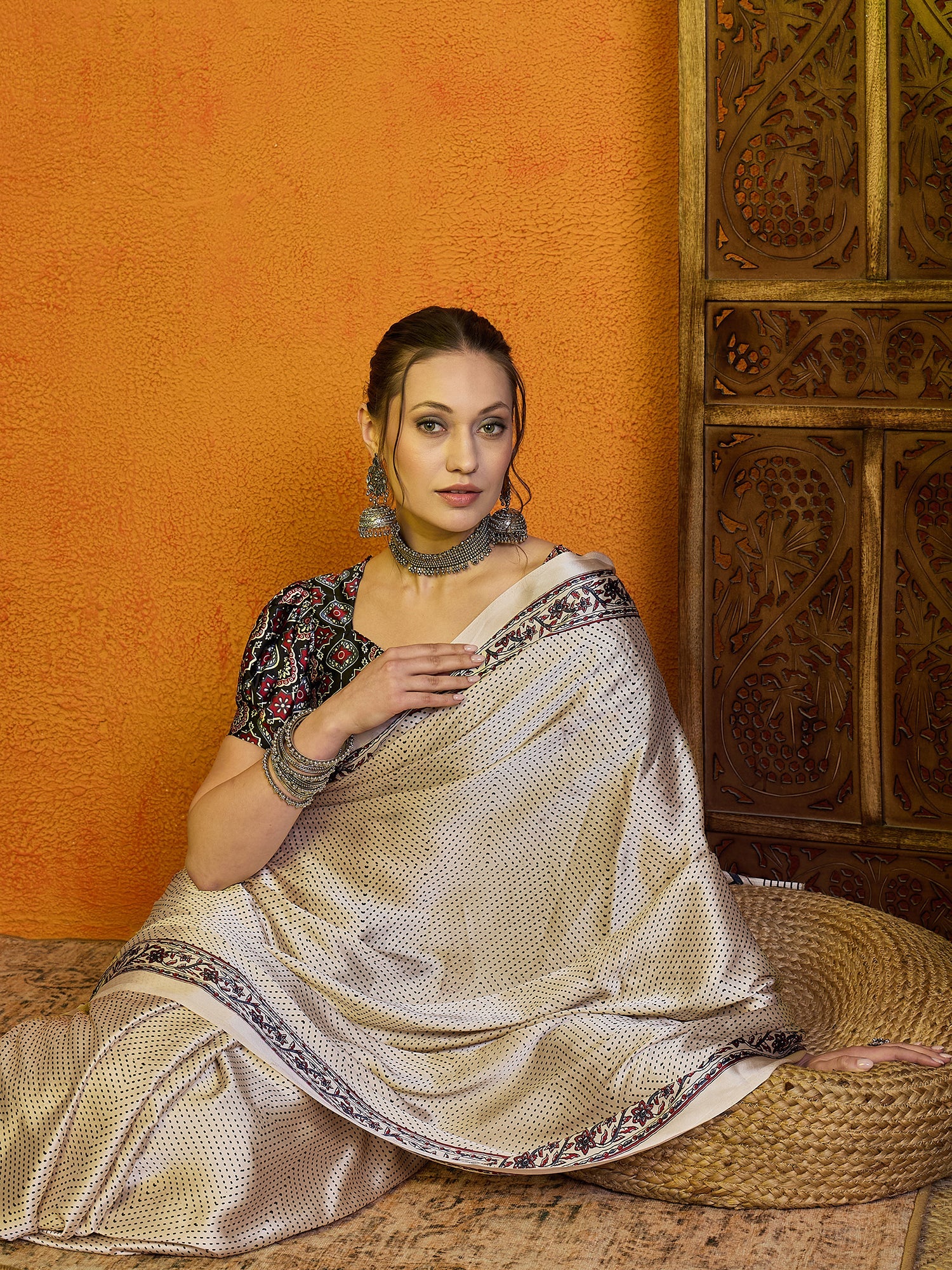 Ivory Ajrakh Print Satin Saree - Ressa