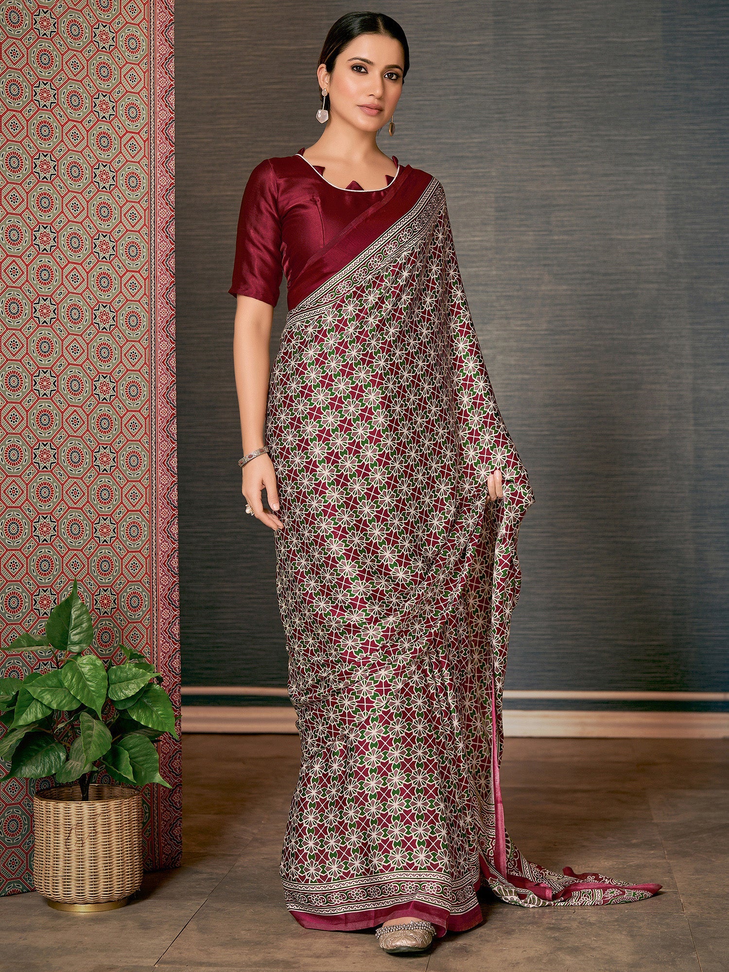 Ivory Ajrakh Silk Saree with Maroon & Green Geometric Star Lattice & Maroon Blouse - Ressa