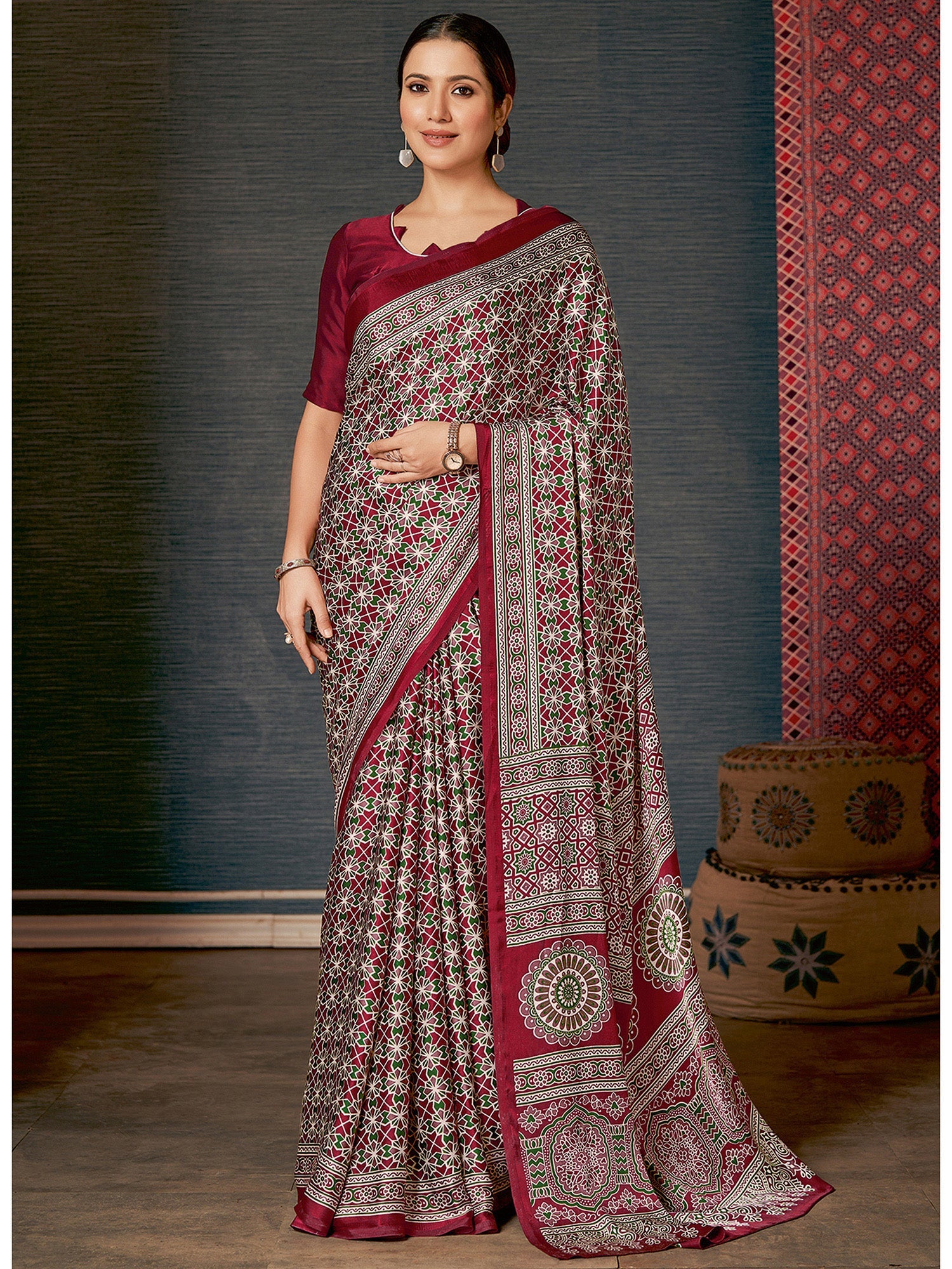 Ivory Ajrakh Silk Saree with Maroon & Green Geometric Star Lattice & Maroon Blouse - Ressa