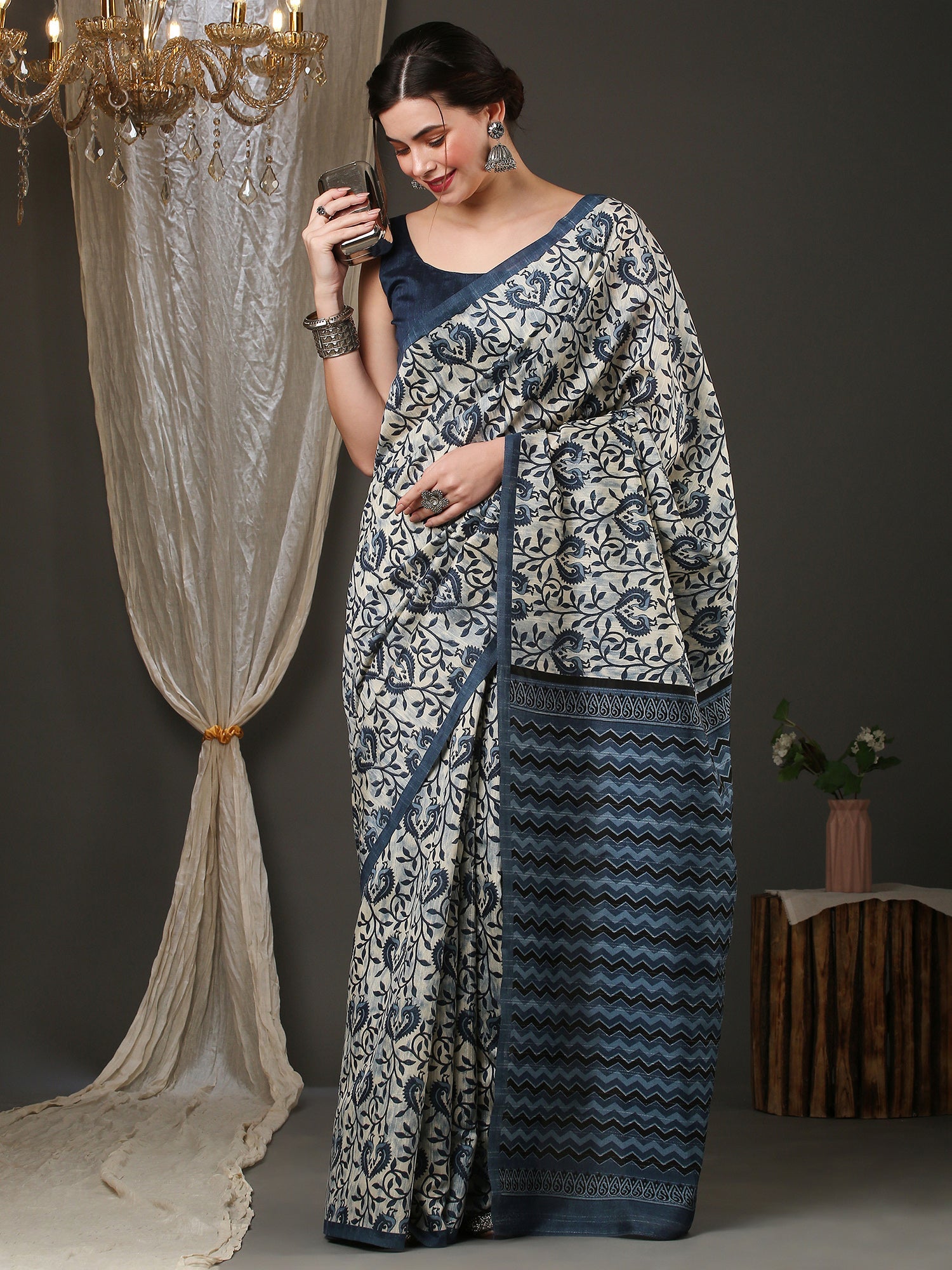 Ivory Bagh Block Print Silk Saree with Steel Blue Floral Vine Body & Chevron Pallu - Ressa