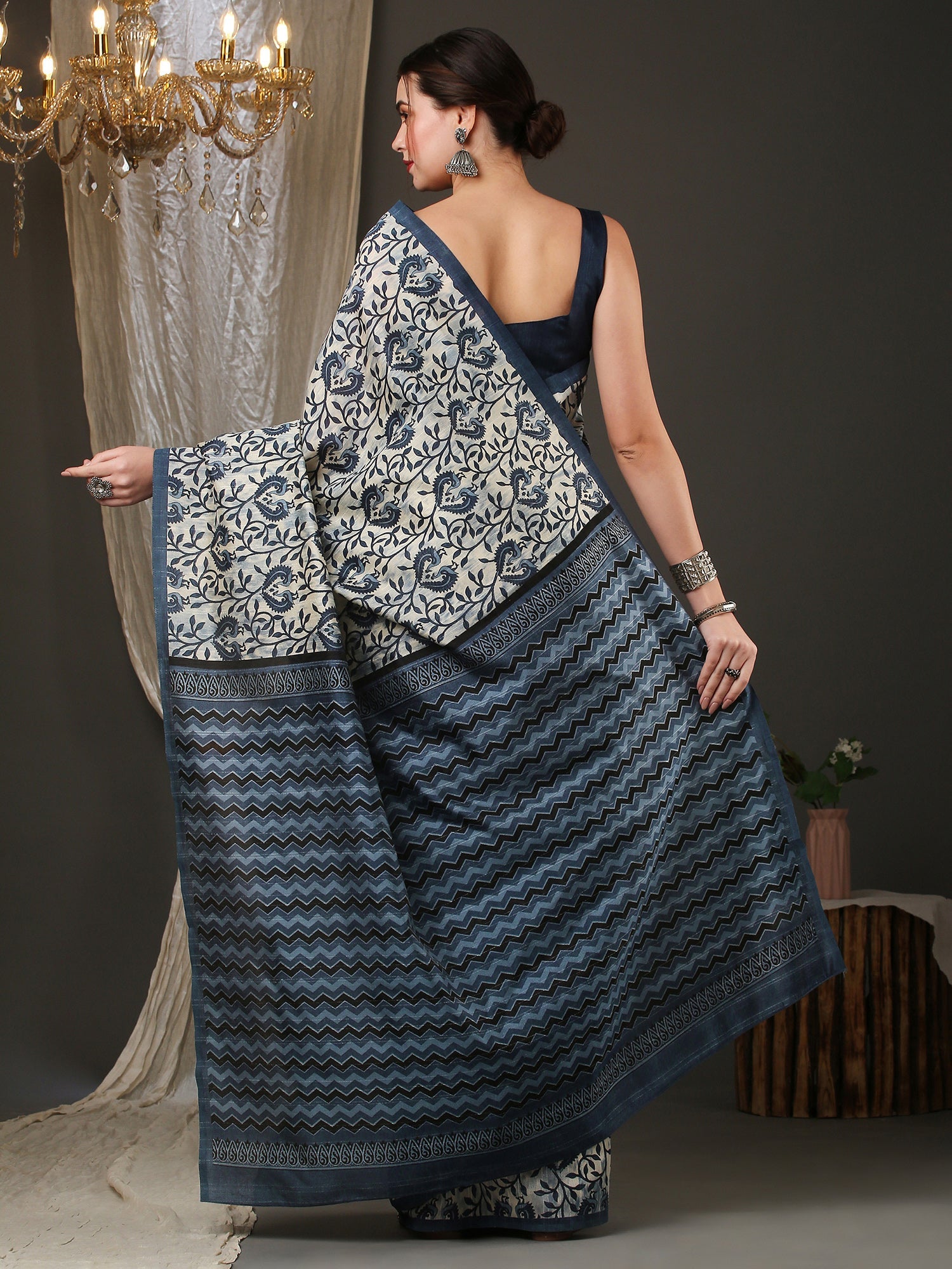 Ivory Bagh Block Print Silk Saree with Steel Blue Floral Vine Body & Chevron Pallu - Ressa