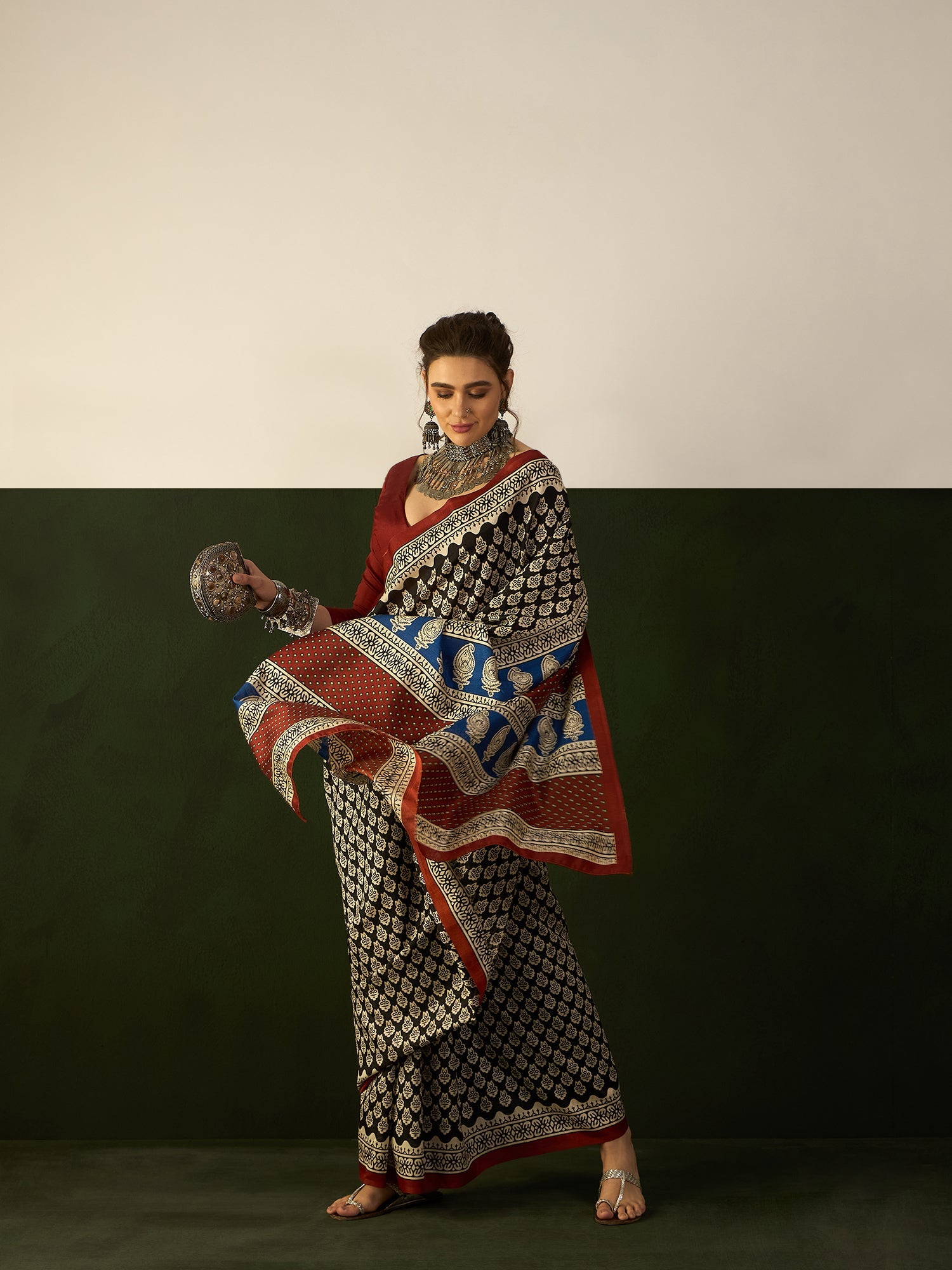 Ivory Bagh Print Bhagalpuri Silk Saree - Ressa