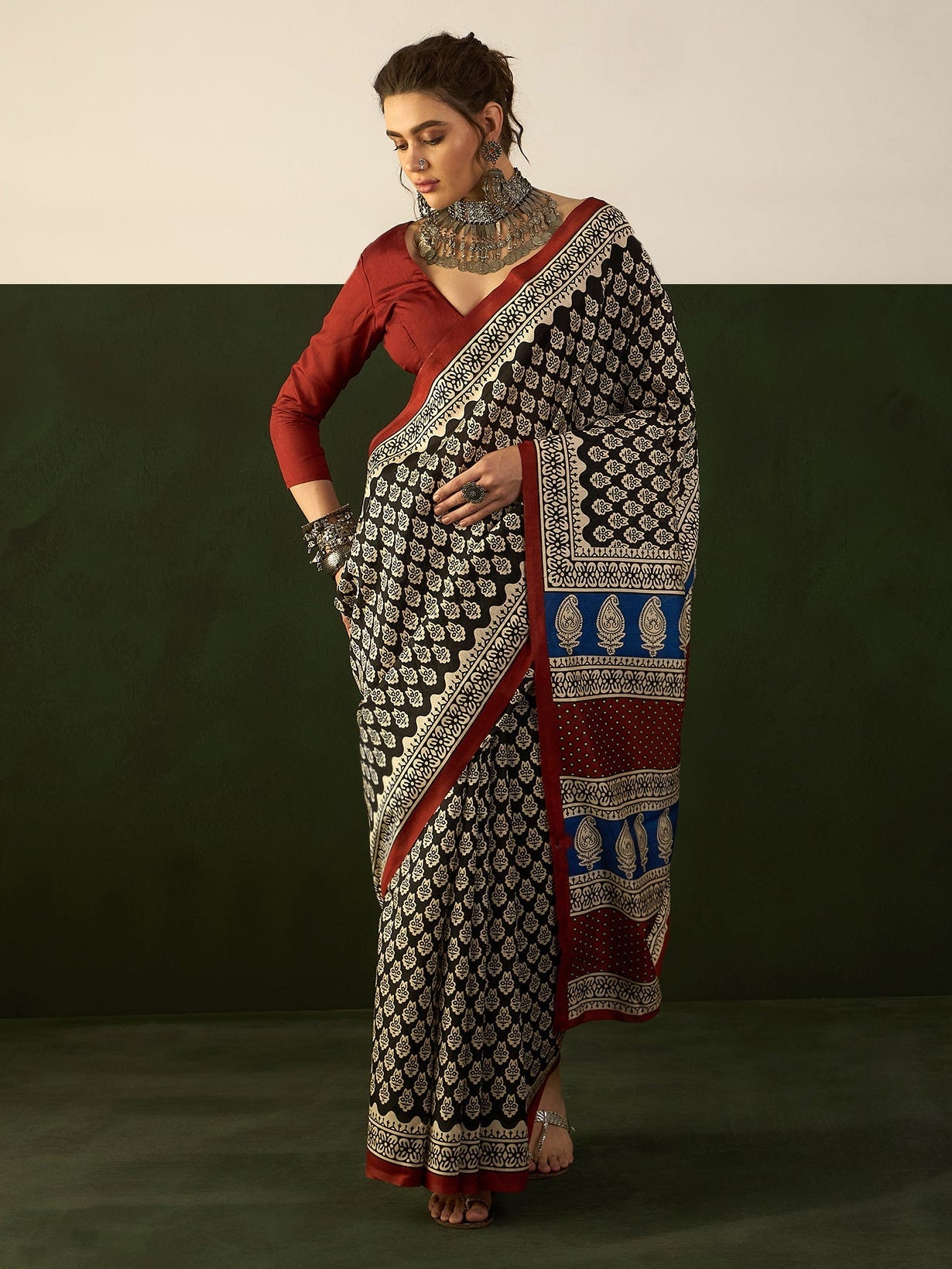 Ivory Bagh Print Bhagalpuri Silk Saree - Ressa